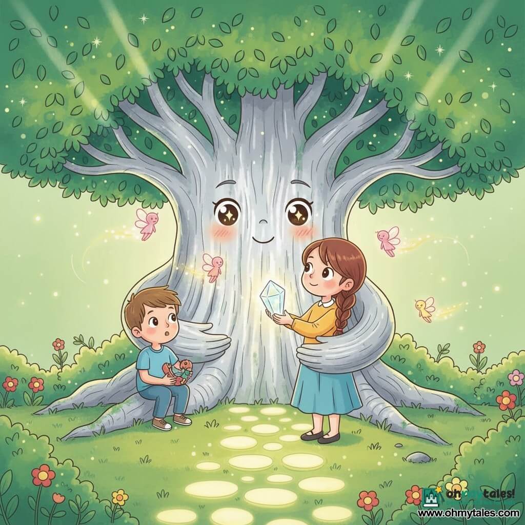 A 10-year-old girl, moved and wide-eyed with rosy cheeks and long chestnut hair in a braid, holds a small sparkling crystal and looks up at Ceren, an immense ancient guardian tree with silvery bark and emerald leaves, its branches bending like protective arms behind her; an about-8-year-old boy, surprised but comforted, sits on a low root to her left holding a broken toy and watching her; tiny glowing fairies like droplets of pink and yellow light flutter around the crystal and leaves leaving luminous trails; a golden-lit clearing with soft grass, deep green moss, colorful edge flowers, sunbeams filtering through leaves, and a path of glowing stones leading to the trunk; overall mood magical, gentle, pastel-saturated colors, clear contrasts, simple rounded shapes, composition centered on the meeting between the girl and the tree.