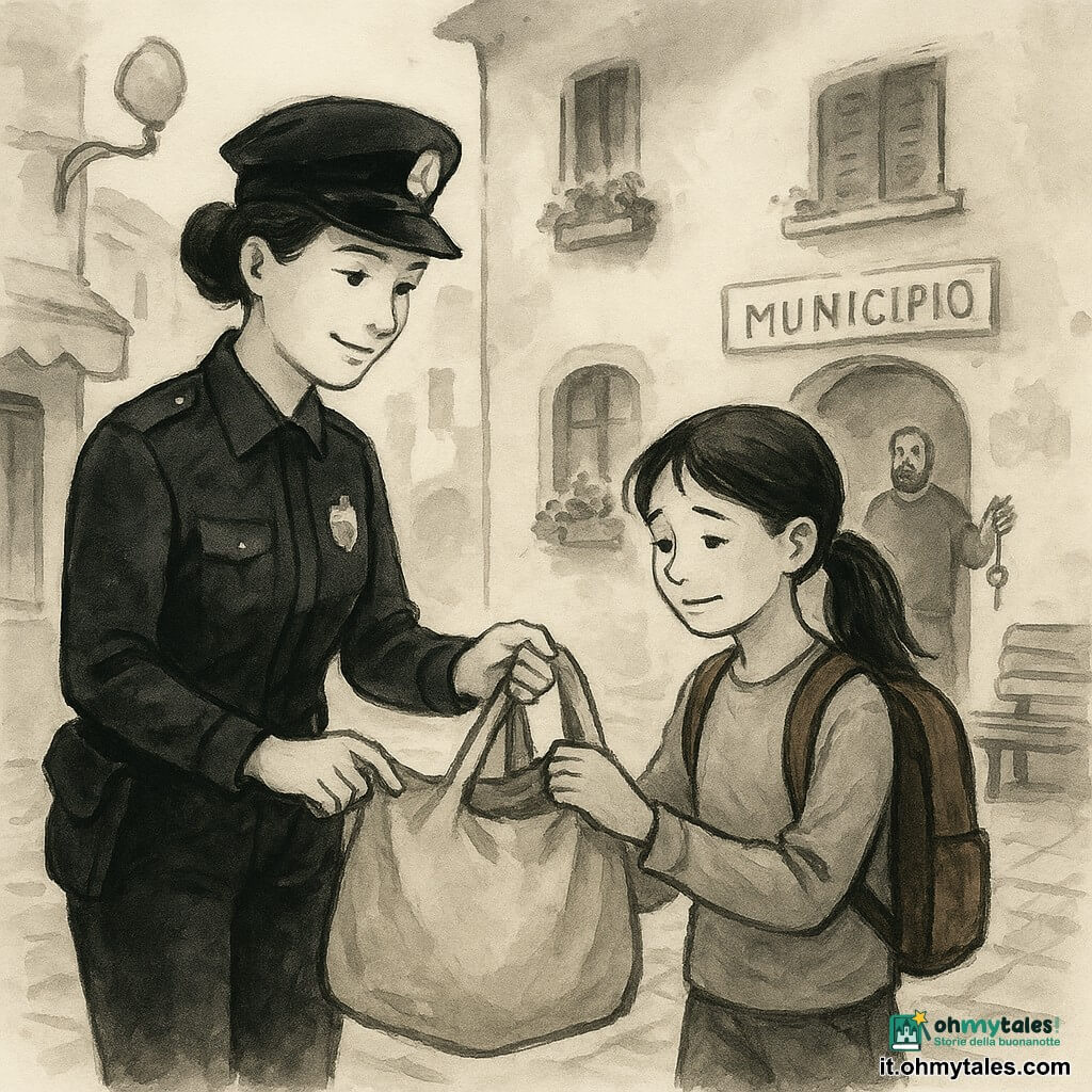 Una agente di polizia di circa 35 anni, volto dolce, capelli castani raccolti in chignon, espressione benevola e concentrata, in uniforme blu scuro con distintivo lucido, sorride lievemente e regge con una mano una grande borsa di tela beige e con l'altra un piccolo taccuino; accanto a lei una ragazza di circa 11 anni, capelli castani in coda, espressione sollevata e leggermente imbarazzata, tiene la tracolla dello zaino rosso e cammina guardando la borsa condivisa; sullo sfondo all'ingresso di un edificio comunale c'è il custode Marco, uomo adulto robusto e barbuto, che osserva la scena con un gesto rassicurante tenendo un mazzo di chiavi brillante; ambientazione: una via di quartiere italiana con marciapiede lastricato, davanti a un centro civico colorato con una locandina e una panchina di legno, un piccolo panificio a sinistra con la lavagna "Pane caldo", finestre fiorite e lampioni rotondi; situazione: momento calmo e caldo in cui l'agente condivide il peso della borsa per aiutare la ragazza, luce serale dolce, ombre lunghe, composizione centrata sulle loro mani sul sacco, tratteggi d'inchiostro fluidi e leggere velature grigie per l'atmosfera.