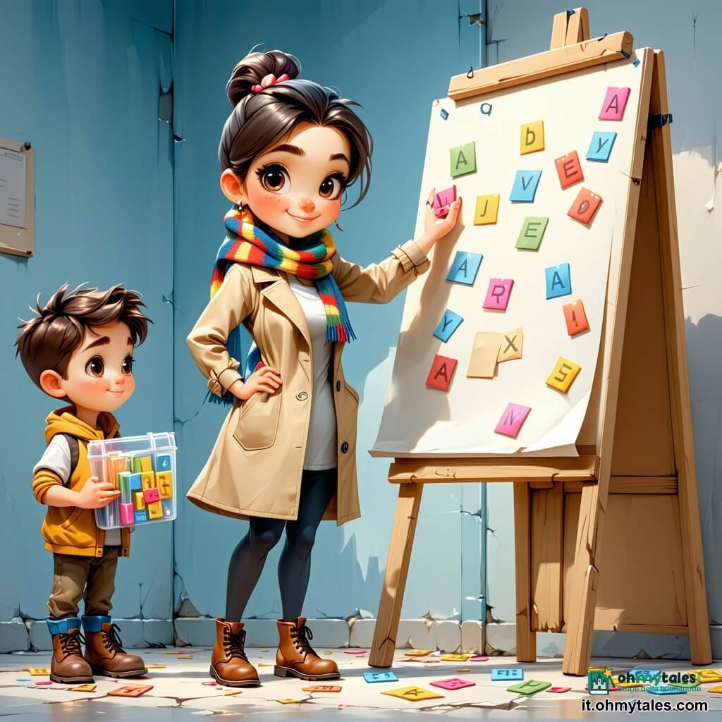 Clara, una giovane detective concentrata e benevola, con sopracciglia aggrottate e sguardo vivace, in un cappotto leggero kaki e sciarpa colorata tiene lettere adesive e le riposiziona su un grande pannello informativo; accanto a lei un bambino di circa 7 anni, capelli castani arruffati e sorriso timido, tiene un piccolo astuccio trasparente con altre lettere; su una panchina a sinistra un uomo anziano di circa 70 anni, volto rugoso, cappello a tesa larga e bastone, osserva sorridendo; la scena si svolge in mattinata in un parco urbano con vialetto di ghiaia, prato, una fontana in pietra dietro il pannello e fiori; in primo piano, sotto un'altra panchina, si vede una elegante piuma stilizzata caduta.