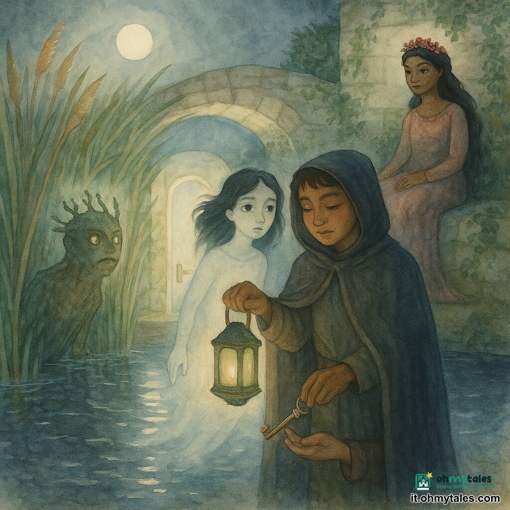 Aulo, uomo dall’emozione calma e tenera, volto timido con gote rosate e cappuccio scuro, occhi nocciola bassi ma luminosi, tiene una piccola lucerna di vetro verde con nastro azzurro e tende la mano; Livia, giovane spettro dall’aspetto traslucido ma dai tratti dolci, capelli neri fluttuanti e occhi grandi e ansiosi, si tiene appena indietro come sorretta dalla luce della lucerna; Proserpina, dea tranquilla, figura adulta elegante con corona di semi rossi e veste argentata con accenti melograno, seduta su un muretto di pietra a guardarli con benevolenza; il Custode della riva, essere d’acqua non umano, forma tra fango e fiume con occhi perlati e corona di alghe, emerge alla sponda sinistra osservando la scena; luogo: riva del Tevere al chiaro di luna, canne alte che formano un passaggio luminoso, acqua scura con riflessi argentati e un ponte di canne e luce al centro; situazione: Aulo e Livia al varco del Ponte delle Canne: Aulo offre la lucerna e inserisce una piccola chiave di bronzo in una porta di pietra luminosa, Livia, commossa e fragile, sta per attraversare sotto lo sguardo rassicurante di Proserpina e la vigilanza del Custode; palette: acquerello tenue con verdi pallidi, azzurri, grigi bluastri e tocchi di rame e melograno, contorni sottili e luci diffuse.