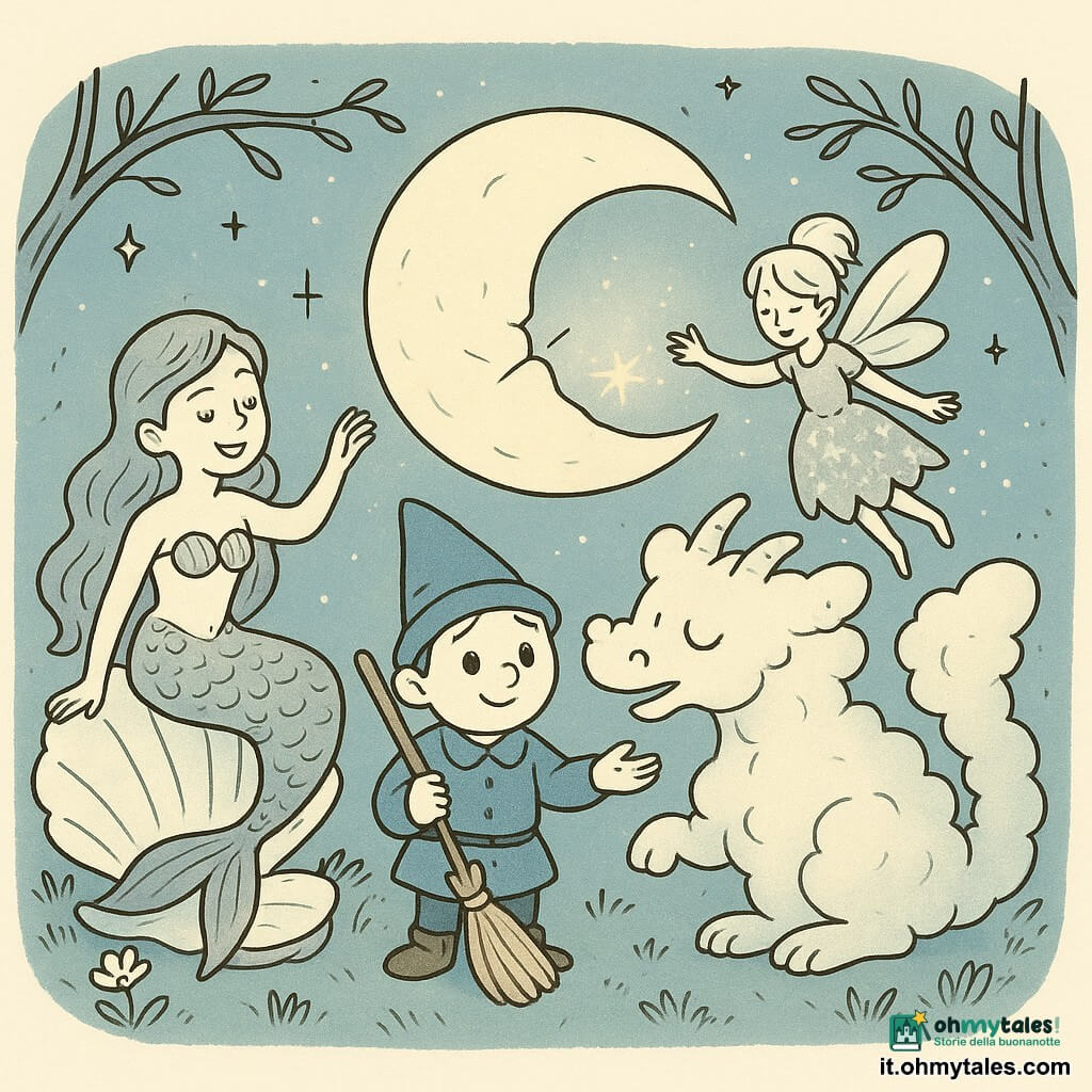 Un folletto di nome Pico, piccolo e rotondo con cappello blu, tiene una vecchia scopa e tende la mano verso la luna; una sirena dai lunghi capelli ondulati e scaglie scintillanti è seduta su una grande conchiglia a sinistra di Pico e canta; un drago di nuvole dall'aspetto soffice sta dietro di loro soffiando scintille verso la luna; una piccola fata sottile e luminosa vola sopra Pico spolverando polvere di stelle; in una radura notturna con erba ondeggiante e alberi, tutti sono riuniti in cerchio per ricucire un piccolo graffio di luce sulla luna usando conchiglia, scopa e polvere di stelle, con espressioni concentrate e serene.