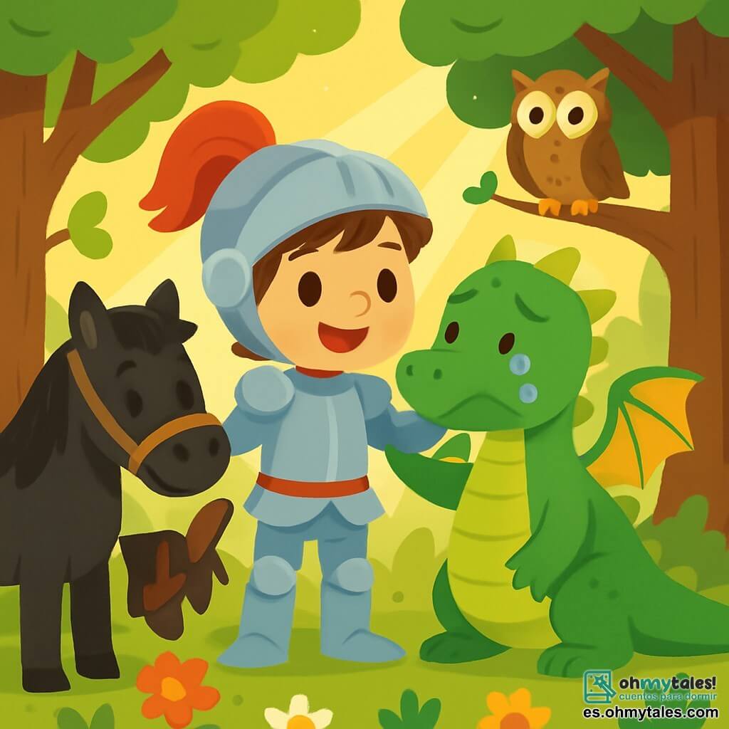 Un caballero valiente, Lucas, se encuentra en el centro de la escena, con una armadura brillante y una gran sonrisa en su rostro. Su cabello castaño ondea al viento, y sostiene firmemente las riendas de su caballo negro a su lado. Cerca, un dragón de escamas verdes y ojos tristes está presente, con lágrimas brillantes en sus mejillas. Tiene las alas desplegadas, pero parece tímido y infeliz. El escenario es un bosque encantado, con grandes árboles de troncos gruesos, flores coloridas en el suelo y rayos de sol que atraviesan las hojas. La situación principal muestra a Lucas consolando al dragón, hablándole con dulzura para ayudarlo a encontrar a su amigo el búho, que se esconde en un árbol arriba de ellos.