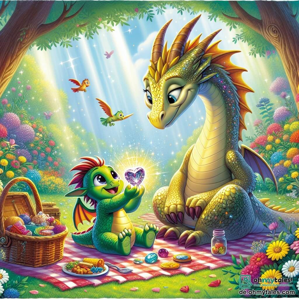 Ein kleiner Drache namens Ludwig mit glänzend grünen Schuppen und großen, fröhlichen Augen sitzt auf einer bunten Picknickdecke und hält ein funkelndes Amulett in seinen kleinen Pfoten, ein breites Lächeln auf seinem Gesicht. Neben ihm schaut seine Mama, eine große Drachenmutter mit goldenen Schuppen und sanften Augen, liebevoll auf Ludwig, ihr Herz überfließt vor Liebe und Stolz, während sie ihn umarmt. Der Ort ist ein magischer Garten, gefüllt mit leuchtenden Blumen, majestätischen Bäumen mit schimmernden Blättern und singenden Vögeln, die umherfliegen und eine fröhliche, bezaubernde Atmosphäre schaffen. Die Hauptsituation zeigt Ludwig, wie er seiner Mama das Amulett zum Muttertag anbietet, umgeben von Picknickleckereien, während ein sanfter Sonnenstrahl ihren gemeinsamen Glücksmoment erhellt.