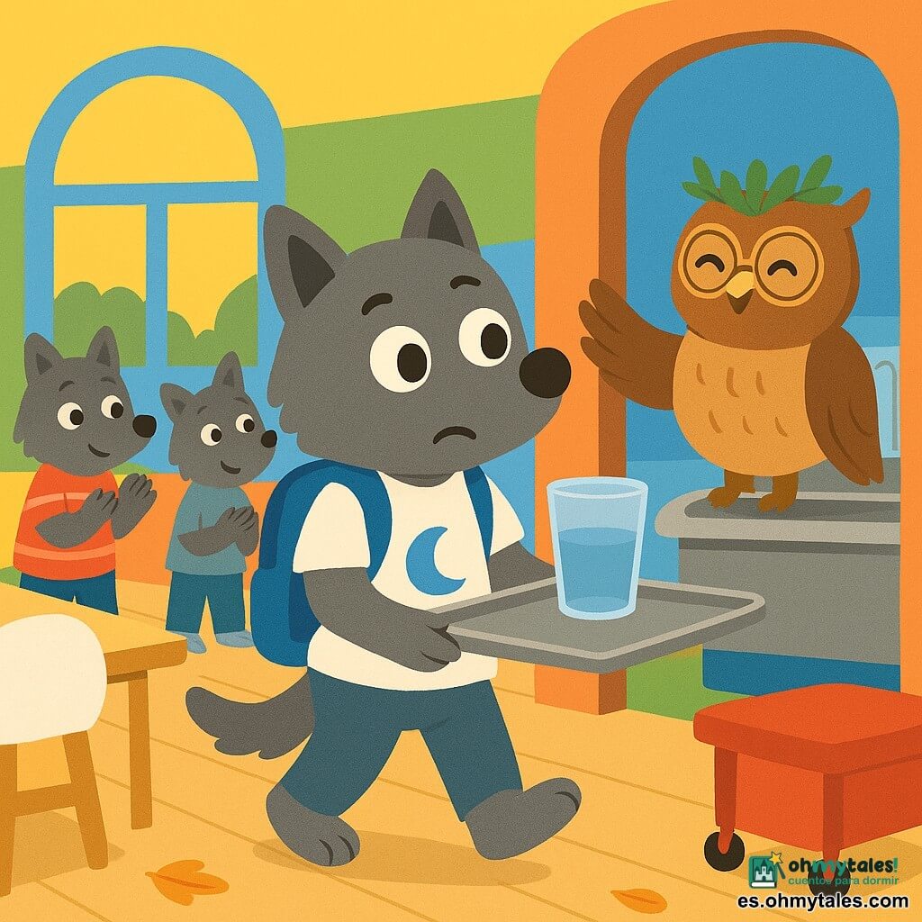 Un pequeño lobo antropomorfo como protagonista, pelaje gris suave, ojos redondos y expresión nerviosa pero valiente, lleva una camiseta blanca con una luna y una mochila azul, avanza con pasos cortos sosteniendo una gran bandeja metálica con un vaso que se balancea; una maestra lechuza de plumaje pardo claro, gafas redondas doradas y corona de hojas sonríe desde la entrada del lavabo con el ala levantada, animando; un compañero lobo con calcetas rojas a rayas aplaude y otro ofrece la mano detrás de Lupi; la escena ocurre en una aula forestal de paredes redondeadas en bandas degradadas de amarillo mate, azul cielo, verde manzana, naranja suave y lila pastel, grandes ventanas redondas con sol dorado, mesas bajas de madera, sillas blancas en forma de nube, un carrito rojo con ruedas y una rampa metálica hacia un lavabo de acero inoxidable al fondo, suelo de madera clara con algunas hojas caídas; situación principal: Lupi coloca la bandeja en el carrito mientras recibe tímidos aplausos, atmósfera cálida y tranquilizadora.