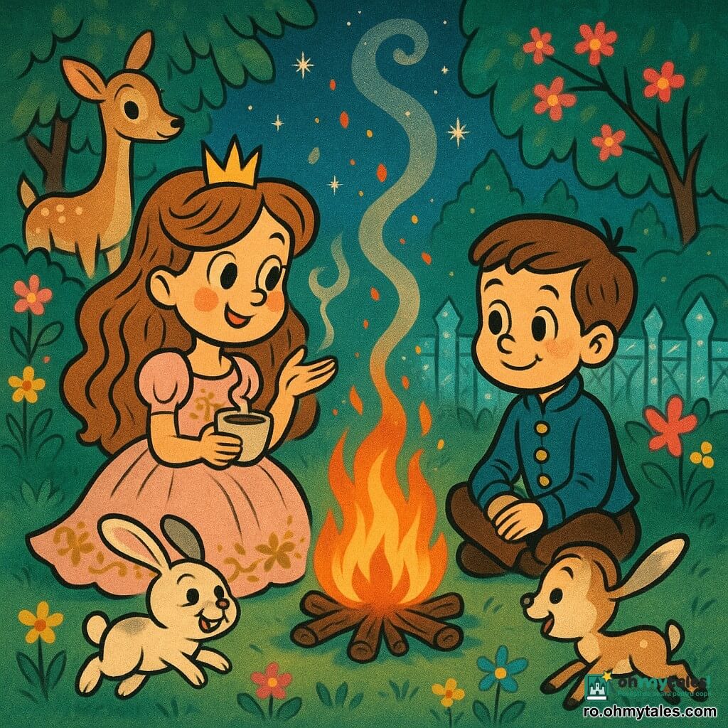 Prințesa Elara, veselă și timidă, cu față rotundă și păr lung ondulat chihlimbar deschis, în rochie din tul roz pal brodată cu auriu, stă lângă un foc mic ținând o cană aburindă și povestind, în fața ei, un prinț băiat de 8–10 ani, atent și zâmbitor, păr scurt brun, jachetă albastru închis cu nasturi aurii, șezând cu picioarele încrucișate și privind flăcările; un iepure bărbat, mic, blană albă cu pete gri și urechi mari, sare vesel lângă foc; o căprioară femelă, grațioasă, blană bej, stă în spate lângă un tufiș cu flori, capul înclinat, observând liniștit; locul e o poiană secretă dintr-o grădină feerică, iarbă verde de primăvară, flori vii, copaci cu frunze smarald și garduri de cristal care reflectă lumina focului; scena e un cerc cald în jurul unui foc pâlpâitor la amurg, fum în spirală, scântei colorate spre un cer înstelat, atmosferă intimă și magică, compoziție simplă, culori vibrante și contururi negre netede în stil cartoon retro "rubber hose".