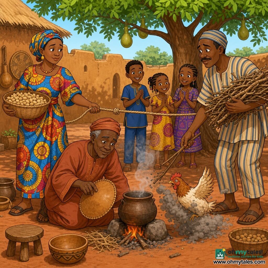 About 50-year-old Kofi, calm and kind, dark brown skin and short gray hair, kneels by a small orange-red flame, gently blowing with a calabash lid to revive it; about 40-year-old Mama Sira, sturdy arms and light brown skin, stands left of the fire in a patterned dress holding a basket of peanuts and placing dry fibers; around 45-year-old Uncle Demba, mustached in a simple striped garment, stands right of the fire holding a bundle of dry branches and a stick; a rope stretched between Mama Sira and Uncle Demba symbolizes reconciliation; three braided-haired children (about 8, 6, and 9) in bright clothes watch and softly clap near a neem tree in the background; a chicken mid-leap kicks up a cloud of gray ash that almost smothered the flame; the round red-earth courtyard has ochre earth walls, a large neem branch with hanging gourds, small wooden stools, an earthenware pot on three stones over the fire, and calabashes and baskets against a wall; the scene is warm, peaceful, with gentle smoke spirals and a family atmosphere.