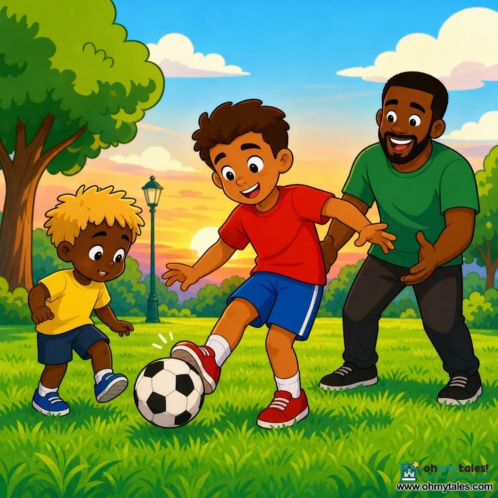 Tom, a man with a gentle smile, round face, bright eyes and short brown hair, wears a red t-shirt and blue shorts and lightly kicks a black-and-white ball in a dynamic welcoming pose; Sam, an adult about 8–10 years older with a light beard and green t-shirt, laughs softly and stands slightly behind to receive the pass with hands ready to Tom's right; a small boy of about five with messy blond hair and a shy-then-joyful face in a yellow t-shirt is to Tom's left learning to tap the ball; they play calmly on a large bright green grassy field under a pale blue sky with soft clouds, a distant park lamp and stylized trees, at a gentle sunset with the ball in motion, laughter and sharing gestures, warm safe atmosphere and saturated colors with thick '90s cartoon outlines.
