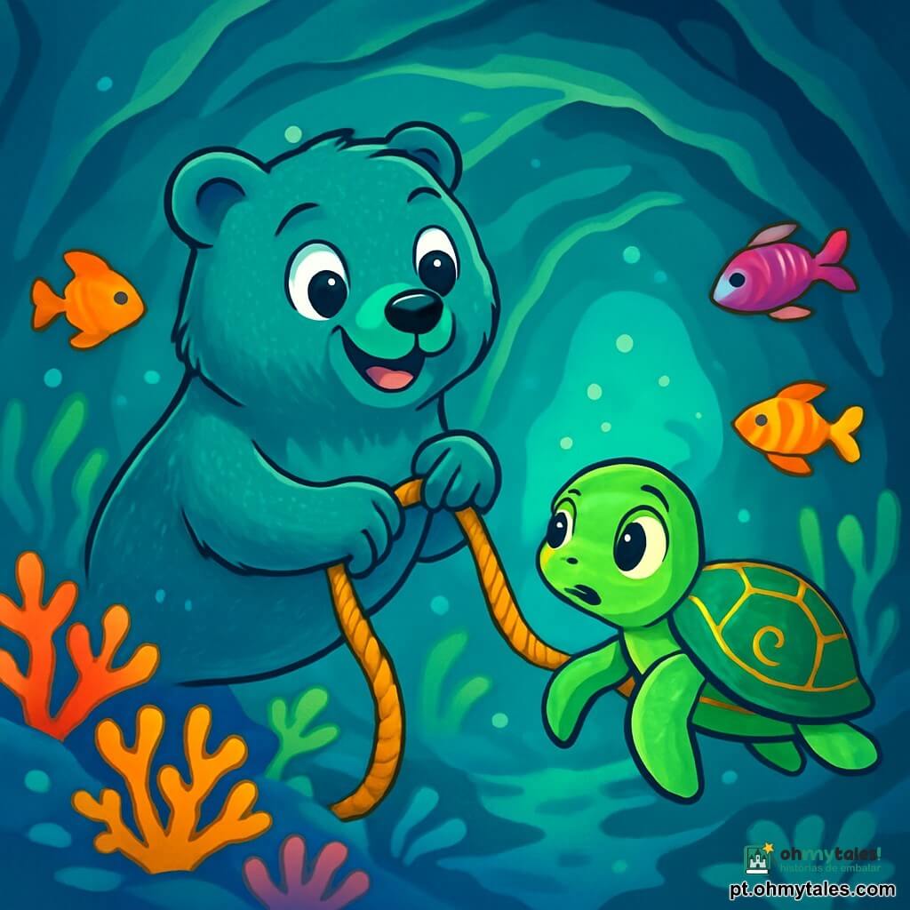 Um majestoso urso marinho, com pelos azul-esverdeados brilhantes, nada entusiasticamente em uma caverna subaquática iluminada. Seus grandes olhos brilham de curiosidade e empolgação, enquanto segura uma corda firme com suas patas. Ao seu lado, uma pequena tartaruga chamada Tuga, com uma carapaça verde adornada com padrões dourados, exibe uma mistura de admiração e apreensão. Ela explora as maravilhas da caverna, cercada por peixes coloridos que dançam ao seu redor. O local é uma caverna subaquática, repleta de corais vibrantes e luzes cintilantes de criaturas marinhas, iluminando as paredes da gruta com tons de azul e verde. Algas ondulam suavemente ao ritmo das correntes, criando uma atmosfera mágica e acolhedora. A cena principal mostra o urso marinho e a tartaruga em plena exploração, Tuga puxando a corda para se aprofundar na caverna, enquanto o urso marinho, com um olhar protetor, permanece na superfície, pronto para ajudá-la a qualquer momento.