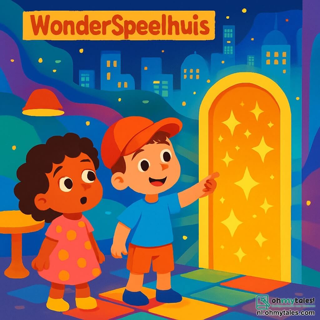 Er zijn 2 hoofdpersonages: - Noa: een 3-jarig meisje met krullend haar en een roze stippenjurk. Ze kijkt om zich heen met verwonderde ogen. - Sam: een 3-jarig jongetje met een rode pet en een blauwe t-shirt. Hij glimlacht en wijst naar een glinsterende deur. De twee kinderen staan voor een deur versierd met schitterende sterren, die lijkt te trillen van energie. De locatie is het WonderSpeelhuis, een magische plek met muren die van kleur veranderen, dansende tafels en schitterende lichten. De vloer is gemaakt van kleurrijke blokken die een zachte gloed uitstralen onder hun voeten. De belangrijkste situatie toont Noa en Sam, nieuwsgierig en opgewonden, klaar om door de mysterieuze deur te gaan naar een nieuw avontuur in de futuristische stad Glimstad.