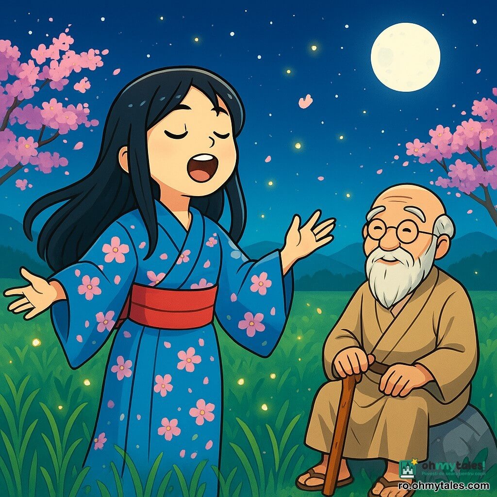 O femeie pe nume Yuki, în jur de treizeci de ani, cu părul lung și negru strălucitor și un kimono albastru decorat cu flori de cireș, stă în mijlocul unui câmp verde. Fața ei exprimă o dulce determinare, iar ochii îi strălucesc de curiozitate. Cântă cu pasiune, cu brațele ușor ridicate spre cerul înstelat, înconjurată de licurici strălucitori. Aproape, înțeleptul Takeshi, un bărbat de aproximativ 70 de ani, cu o barbă lungă și albă și ochelari rotunzi, o observă pe Yuki cu un zâmbet binevoitor, așezat pe o piatră, îmbrăcat într-un kimono bej, ținând un baston din lemn sculptat. Locul este un câmp de orez luxuriant, luminat de lumina argintie a lunii, cu cireși înfloriți în fundal, petalele căzând ușor ca zăpada. Peisajul este completat de coline verzi la orizont, adăugând o notă de magie scenei. Yuki cântă pentru a invoca spiritele naturii, sperând să restabilească armonia între oameni și lumea naturală, în timp ce licuricii dansează în jurul ei, creând o atmosferă vrăjită.