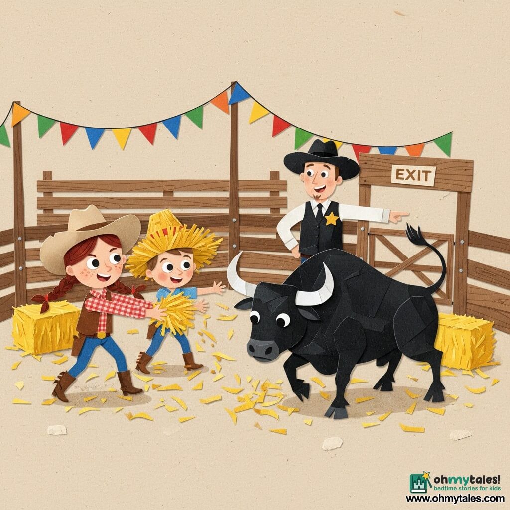 The protagonist is a redheaded cowgirl with braided hair and freckles, determined expression, throwing a handful of hay; a small enthusiastic boy (Billy, about 9) beside her in an oversized straw hat also reaches hay toward the bull; Sheriff Tom (about 40) stands slightly back with a gold star on his vest, smiling and pointing to the arena exit; a large black bull named Thunder, muscular with white horns, is agitated but drawn to the falling hay; daytime rodeo arena with nailed wooden fences, wooden bleachers, colorful pennants, hay bales and straw on the ground; dynamic scene of the girl and boy distracting the bull so cowboys can catch it, with bold silhouettes and vivid contrasting colors