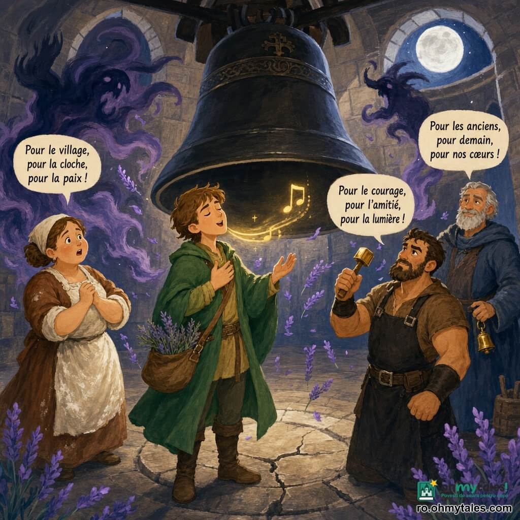 Dorian, un bărbat tânăr cu păr castaniu deschis și ochi blânzi, poartă un mantou verde și un sac cu plante, mâna pe piept fredonând o melodie protectoare; la stânga lui Mara, brutăriță cu șorț făinos, surprinsă dar liniștită, la dreapta Iancu, fierar musculos cu șorț de piele, ținând un ciocanuleț de aur talisman, iar puțin în spate Radu, păzitorul clopotelor, cu păr grizonat și clopoțel de alamă la brâu. Într-o sală mare a donjonului din piatră gri, cu boltă înaltă și o fereastră rotundă prin care intră o lună argintie, un clopot negru uriaș stă suspendat deasupra unui cerc de dale crăpate; sub lumină moale de gouache, atmosfera eroică și tandră — Dorian cântă o notă caldă care alungă umbre fumurii din jurul clopotului, ceilalți rostesc în cor o frază clară, câteva fire de lavandă plutesc, iar starea trece de la amenințătoare la liniștită.