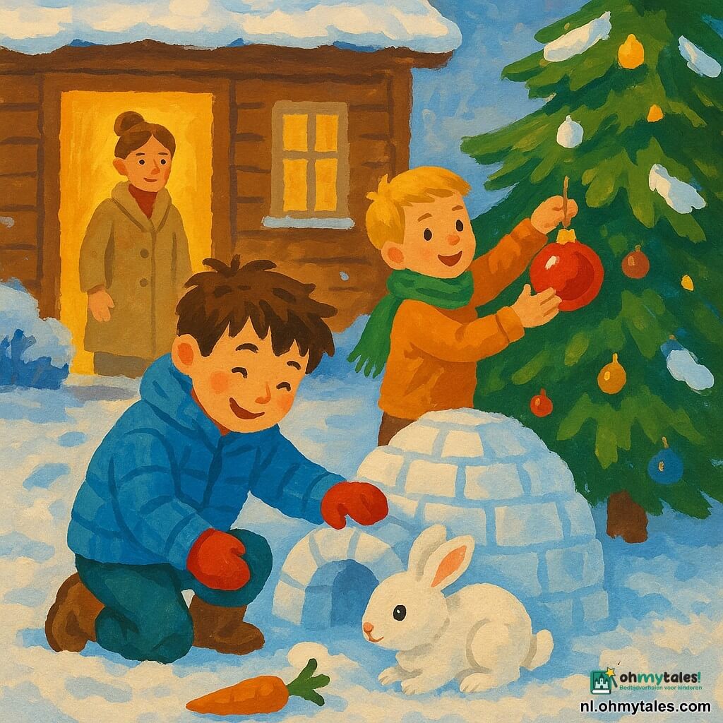 Tom, 6 jaar, glimlachend met roze wangen en blauwe gewatteerde winterjas bouwt een klein iglo en aait een wit konijn; vriend Max, ongeveer 7, met kort blond haar en een groene sjaal hangt een glanzende rode kerstbal in een grote den; hun moeder, dertiger met kastanjebruin haar in een knot en een beige warme mantel, kijkt vanuit de deur met warm binnenlicht; besneeuwde tuin voor een houten huis, versierde kerstboom, voetsporen in de sneeuw en een gezellige kerststemming met warme gele en koude blauwwitte contrasten.