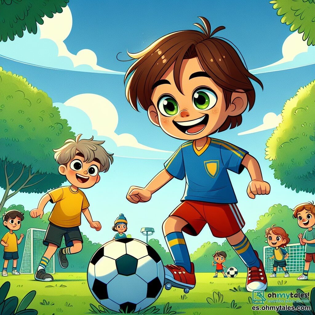 En el centro de la imagen, Sofía, una niña de 10 años, está driblando un balón de fútbol con una gran sonrisa en su rostro. Tiene el cabello castaño recogido en una coleta, lleva una camiseta de fútbol azul y un short rojo, y sus ojos brillan de emoción. A su derecha, Lucas, un niño de 9 años, la observa con admiración, los ojos muy abiertos, listo para intentar pasar el balón. Tiene el cabello castaño desordenado y lleva una camiseta amarilla y un short negro. El escenario es un parque verde, con árboles frondosos de fondo, un cielo azul salpicado de algunas nubes blancas, y un grupo de niños jugando a lo lejos, añadiendo una atmósfera alegre a la escena. Sofía y Lucas están entrenando juntos, Sofía enseñándole a Lucas cómo pasar bien el balón, mientras otros niños los miran con entusiasmo, listos para unirse a su juego.