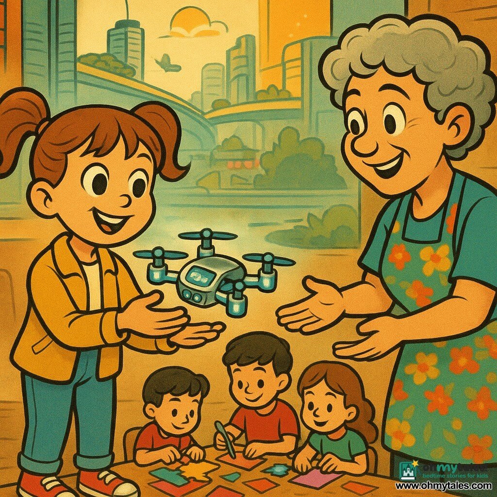 An 8-year-old girl, joyful and curious with light-brown pigtails, big bright eyes, a mustard-yellow jacket, jeans and red sneakers, gently holds a small shiny silver drone with flashing blue lights and a tiny map screen hovering above her palms as she smiles proudly; a woman of about 35 with short pearly-gray curls in a colorful apron sits at a wooden table with two focused children (~7–9) cutting and gluing colored paper, reaching to welcome the drone with a warm smile; the bright community center opens onto futuristic skyscrapers, floating bridges, rooftop gardens and a lit fountain outside; main moment: the girl returns the drone to the center’s makers in warm late-afternoon light, composition centered on hands and drone, friendly expressions and collaborative atmosphere.