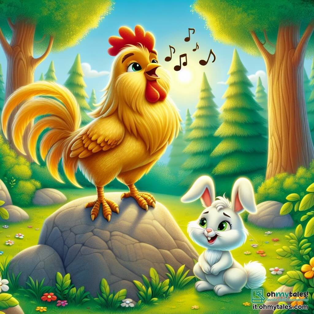 Un gallo dalle piume dorate e brillanti, con uno sguardo curioso e determinato, si erge fiero su una pietra al centro di un prato soleggiato. Canta gioiosamente, con le ali leggermente spiegate, mentre un sorriso illumina il suo volto. Accanto a lui, un coniglio bianco di nome Bianchino, con grandi orecchie e un pelo setoso, lo incoraggia con un sorriso amichevole, seduto sull'erba verde. Sullo sfondo, alberi maestosi con foglie verdi brillanti formano un contesto naturale, e fiori colorati punteggiano il terreno, aggiungendo un tocco di magia alla scena. La situazione principale mostra il gallo pronto ad affrontare una sfida, circondato dalla bellezza del bosco, pronto a scoprire i segreti dell'amicizia e del coraggio.