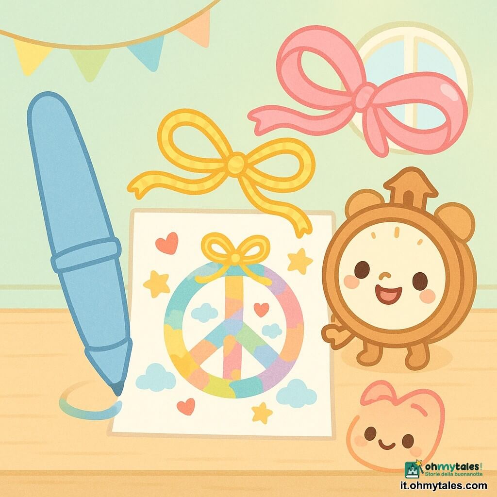 Tic, una piccola sveglia a cucù in legno dalle forme tonde, sorridente con occhi tondi e lucenti e minuscole mani che tengono un disegno colorato; Penna, una grande penna stilizzata blu, contenta e concentrata a sinistra mentre traccia un arcobaleno con la punta brillante; Fiocco, un nastro rosa satinato, stupito e frizzante, che fluttua sopra il disegno con riflessi madreperlati; Lacetto, un laccio giallo a righe, malizioso e premuroso, che forma un grande fiocco al centro per unire gli elementi. Il disegno è un simbolo di pace grande fatto di collage colorati: carta ritagliata, stelle dorate, cuoricini rossi e nuvole soffici. Ambiente: tavolo in legno chiaro in una stanza soleggiata, pareti mint con festoni, finestra rotonda che lascia entrare luce morbida. Atmosfera gioiosa e collaborativa, colori pastello vividi, trame morbide e contorni spessi e arrotondati. Composizione: personaggi raggruppati attorno al disegno centrale, piano ravvicinato, prospettiva infantile e ampio spazio vuoto morbido intorno per testo.
