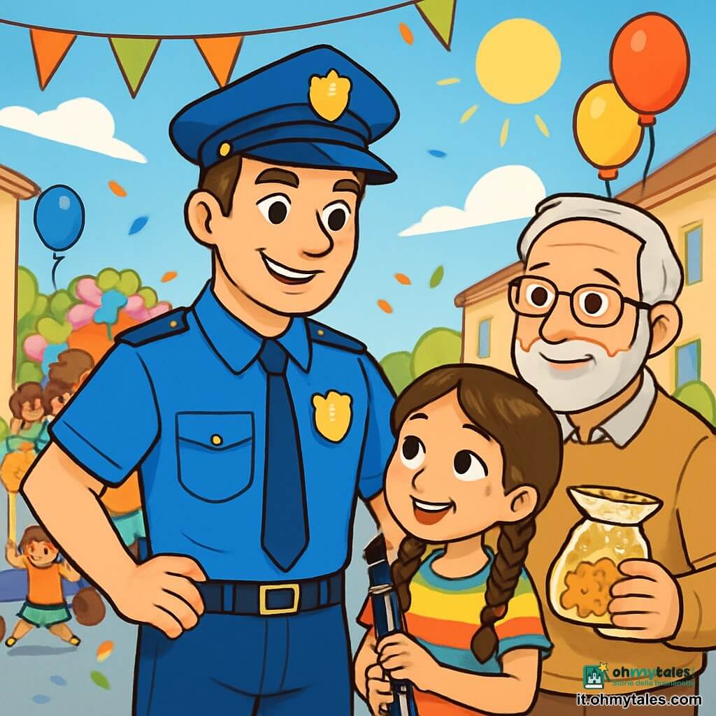 Un poliziotto di circa trent'anni, con una divisa blu brillante e un sorriso caloroso, si trova al centro della scena. I suoi capelli castani sono pettinati all'indietro e indossa un cappello con un distintivo lucente. Ha un'aria sicura e amichevole, pronto ad aiutare i bambini e le famiglie. Alla sua destra, una bambina di otto anni, con due trecce e un vestito colorato, guarda il poliziotto con occhi brillanti di ammirazione, tenendo un clarinetto in mano. Alla sua sinistra, un uomo anziano con la barba grigia e occhiali osserva la scena con un sorriso benevolo, tenendo un sacchetto di biscotti. La scena si svolge in una strada animata, decorata con bandierine colorate e palloni, dove i bambini giocano e le famiglie si radunano attorno a un grande carro decorato con fiori di carta e coriandoli. Il sole splende in un cielo azzurro chiaro, illuminando i volti gioiosi dei passanti. La situazione principale mostra il poliziotto che aiuta la bambina a superare la paura di suonare in pubblico, mentre l'uomo anziano, sullo sfondo, condivide biscotti con altri bambini, creando un'atmosfera di amicizia e sostegno.