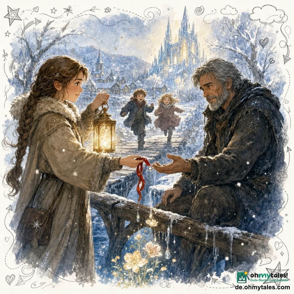 Liora, warmherzig und entschlossen, mit sanften Augen und braunen geflochtenen Haaren, trägt einen beigen Wollmantel mit Pelzbesatz und hält eine goldene Laterne mit einer kleinen glänzenden Perle; Bitterkeit, etwa 50, wettergegerbtes Gesicht, kurze graue Bartstoppeln, abgenutzter dunkler Mantel, sitzt auf einem Balken eines alten Holzbrunnens über einem zugefrorenen Fluss und nimmt von Liora sanft ein rotes Band und die Perle entgegen, während sein Gesicht weicher wird; im Hintergrund nähern sich verschwommene Kinder (6–8 Jahre) lachend aus dem Dorf; Ort: verschneiter, frostbedeckter Holzbrücke mit reifbedeckten Bäumen und einer teilweise schmelzenden Eiskathedrale in der Ferne, goldiges Licht spiegelnd; Szene: Märchenstimmung, warme Laternenbeleuchtung kontrastiert mit kalten Blautönen, schmelzende Eistropfen verwandeln sich in leuchtende kleine Blumen, zentrierte Komposition, nahe Perspektive; grafischer Stil: eisige Blau- und Perlmuttweiß-Palette mit warmen Gold- und Rottönen, aquarell- und tuscheartige weiche Linien, körnige Schneetextur, funkelnde Lichter und Doodle-Overlay (Herzen, Sterne, Flocken).