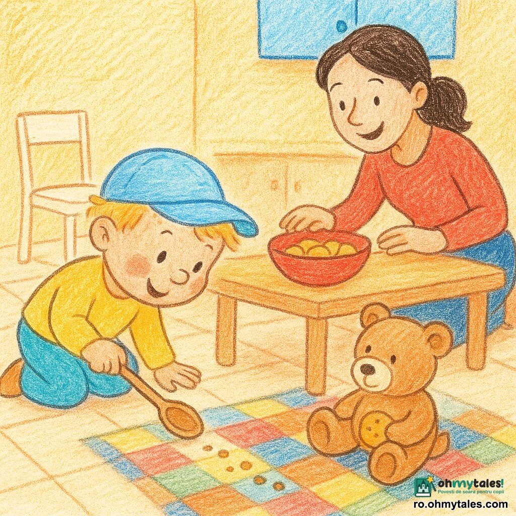 Un băiat de 2 ani, fericit și concentrat, cu păr blond și șapcă bleu, ține o linguriță de lemn și se apleacă spre un ursuleț de pluș pe covor, arătând spre o urmă de firimituri care duce de la un bol roșu cu biscuiți la urs; mama zâmbitoare, în jur de 30 de ani, cu păr prins, ghemuită lângă masă, întinde mâna spre bol; ursulețul deschis la culoare are o pată albă pe bot și ține un biscuit parțial ascuns; bucătăria e caldă, masă de lemn deschis, scaun alb, podea cu gresie și covor în carouri; scenă de „mic mister” în stil desen pentru copii, linii de creion vizibile, culori vii și forme simple.