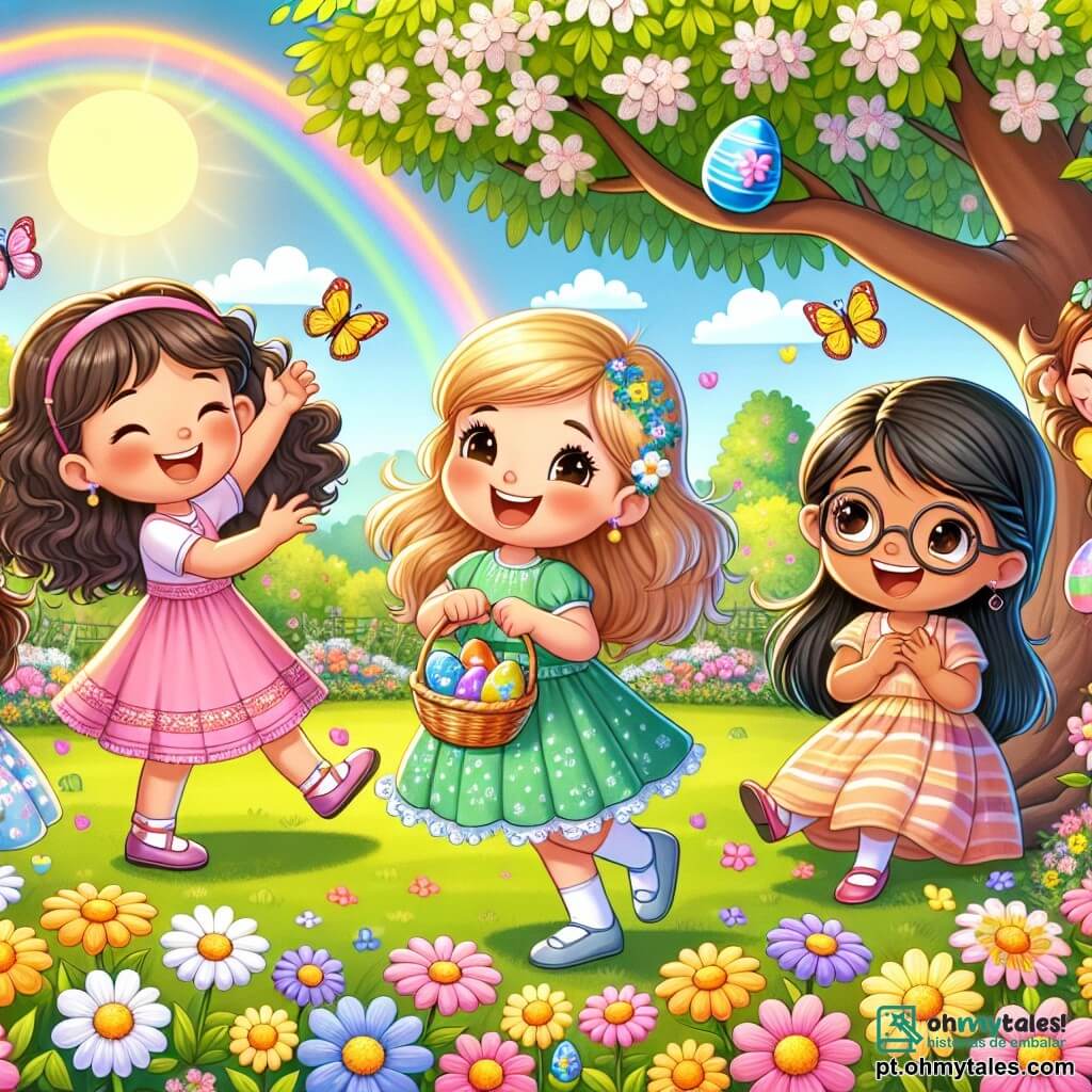 Quatro meninas de seis anos estão em um jardim ensolarado, cercadas por flores coloridas. Sofia, com cabelos castanhos e cacheados, usa um vestido rosa e sorri alegremente segurando uma pequena cesta. Ao lado dela, Clara, com cabelos loiros e uma trança, dança entusiasticamente vestida de amarelo. Luísa, com cabelos negros e lisos, usa um vestido azul e observa curiosamente, segurando um ovo de Páscoa azul. Por fim, Ana, com cabelos castanhos e óculos, está agachada perto de um arbusto, procurando um ovo escondido, vestida de verde. O jardim está cheio de flores vibrantes, com borboletas coloridas voando. No centro, uma grande árvore majestosa oferece sombra, e um arco-íris desenhado no chão adiciona um toque mágico à cena. As meninas estão em uma caça aos ovos de Páscoa, procurando com excitação um ovo especial que, segundo a lenda, realiza um desejo. A atmosfera é alegre e cheia de aventura, com risadas e gritos de entusiasmo.