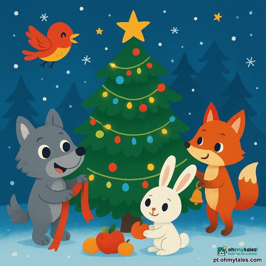 Um pequeno lobo de pelos macios e cinzentos, com grandes olhos brilhantes de alegria, está diante de uma magnífica árvore de Natal decorada com luzes cintilantes e guirlandas coloridas. Ele sorri maravilhado, segurando um belo pedaço de tecido em suas patas. Ao lado dele, uma pequena coelha de grandes orelhas e pelagem branca, com um olhar curioso e alegre, traz frutas coloridas que deposita cuidadosamente na base da árvore. Um pássaro de penas vivas, vermelho e amarelo, voa alegremente ao redor da árvore, cantando uma doce melodia, enquanto uma raposa de pelagem flamejante, com um ar travesso, pendura um bonito sino em um galho. A cena se passa em uma floresta encantada, onde a neve cobre o chão como um suave tapete branco, e os flocos caem lentamente do céu estrelado. As estrelas brilham acima, adicionando um toque mágico à atmosfera festiva. O pequeno lobo e seus amigos estão decorando a árvore de Natal juntos, rindo e se divertindo, criando uma atmosfera calorosa e alegre, cheia de camaradagem e magia natalina.