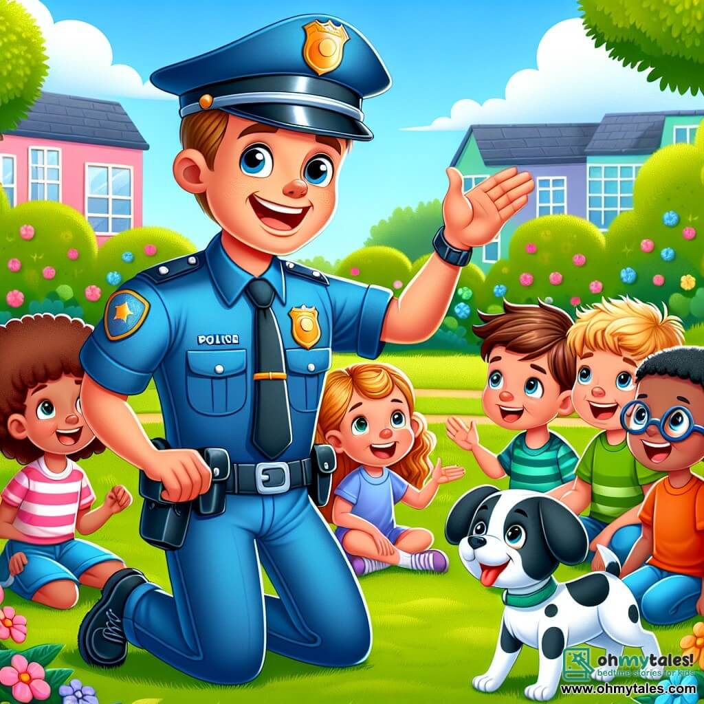 A male police officer named Officer Ben stands with a big smile, wearing a shiny blue uniform and a hat slightly tilted over his eyes. He is surrounded by several joyful children, all around 7 years old, who listen attentively. Among them, a girl with curly hair and a red shirt raises her hand enthusiastically, while a boy with round glasses and a green t-shirt smiles and nods. The scene takes place in a sunny park with lush trees and colorful flowers. The children play on the grass, and a spotted puppy named Dotty joyfully frolics near Ben. Officer Ben explains to the children the importance of safety and helping each other, his eyes sparkling with excitement. The captivated children sit in a circle around him, eager to learn and experience a fun police adventure.