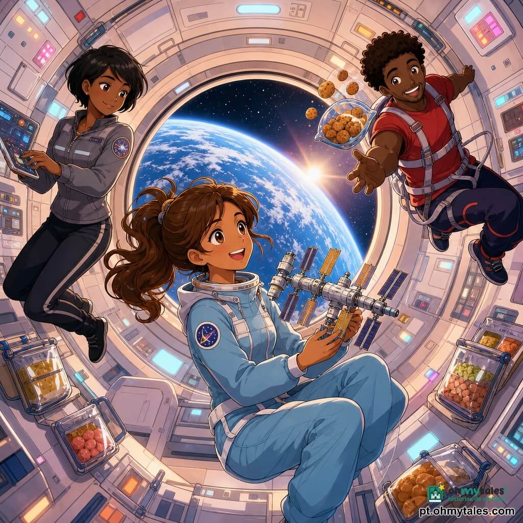 Sara, astronauta sorridente com rabo de cavalo castanho flutuante, veste uma roupa espacial azul-claro com detalhes brancos e está sentada junto a uma grande janela redonda olhando a Terra enquanto segura uma pequena maquete colorida da estação; Rita, comandante de cabelos curtos pretos e expressão séria porém benigna, flutua à esquerda ajustando tablets e sorrindo; Hugo, homem brincalhão de cabelos castanhos encaracolados, veste camiseta vermelha e arnês de exercício, gira como um dançarino à direita e apanha um pacote de biscoitos flutuante; interior é um corredor acolhedor da estação com paredes brancas arredondadas, painéis eletrônicos iluminados, caixas de comida presas e cordões de segurança, janela mostra um globo azul com nuvens, estrelas e um halo solar ao longe; cena calma e alegre, cores em tons pastéis, traços suaves, expressões claras, composição centrada, estilo manga infantil, texturas nítidas e contrastes suaves.