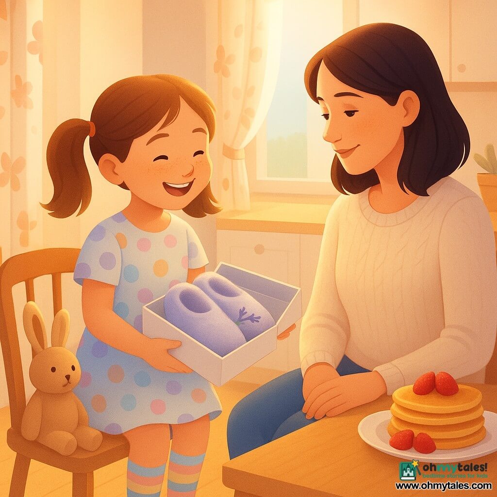 An 8-year-old girl, joyful and focused with a round freckled face and light brown pigtails, wearing a pastel polka-dot dress and striped socks, holds an open box of lavender-scented fluffy slippers and smiles as she places them near her mother's feet; the mother, about 34, gentle and moved with mid-length brown hair and a cream knit sweater, sits at the kitchen table trying on a slipper and looks tenderly at her daughter with hands on her knees; a small stuffed rabbit (Mr. Button) sits on the chair beside the girl like a silent companion; bright morning kitchen with light wood floor, oak table with strawberry pancakes and a jar of jam, floral curtains and a sunbeam casting a golden stripe on the floor — a warm, intimate Mother's Day moment with soft pastel colors, felted textures and golden lighting.