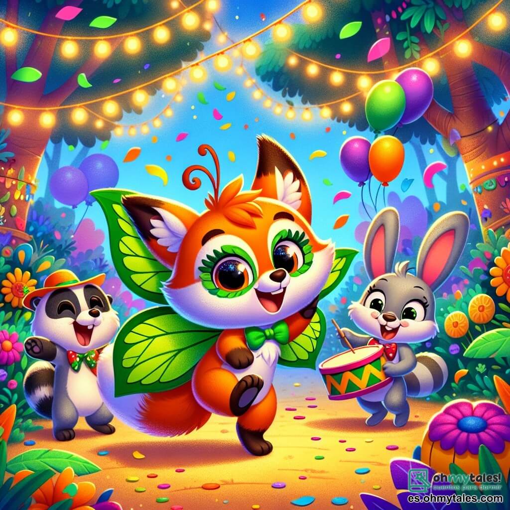 Un pequeño zorro de pelaje naranja brillante, con grandes ojos que brillan de alegría, lleva alas de mariposa hechas de hojas verdes. Baila con una gran sonrisa en su rostro, rodeado de colores vivos y confeti. A su lado, un pequeño mapache llamado Miguel, con pelaje gris y ojos redondos, salta de alegría, sosteniendo un tambor colorido. Se ve muy entusiasta y ríe con felicidad. Un adorable conejo blanco llamado Brinco, con grandes orejas y un moño rojo, aplaude sonriendo, de pie sobre sus patas traseras. El decorado es un bosque mágico, lleno de árboles de troncos coloridos, flores brillantes y guirnaldas de luces centelleantes que cuelgan de las ramas. Globos flotan en el aire, añadiendo a la atmósfera festiva. La escena muestra a Zorrito y sus amigos celebrando alegremente el carnaval, bailando juntos bajo un cielo azul salpicado de nubes blancas, rodeados de un ambiente de fiesta y camaradería.