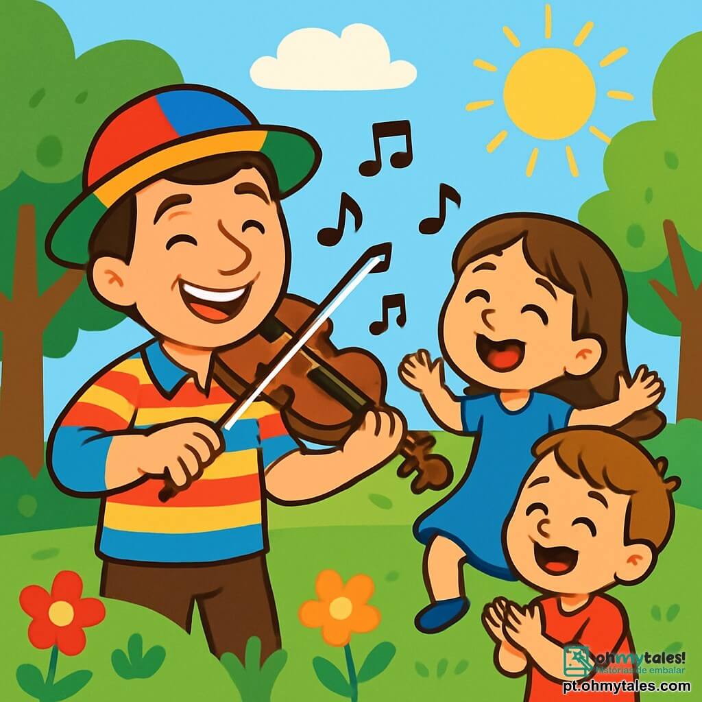 Um homem alegre, chamado João, com um grande sorriso e olhos brilhantes, usa um chapéu colorido e uma camisa listrada. Ele toca seu violino, suas mãos dançam nas cordas, e seu rosto expressa imensa alegria. Ao seu lado, uma menina de 7 anos, Sofia, com longos cabelos castanhos e um vestido azul, pula de felicidade cantando, enquanto um menino de 6 anos, Pedro, com cabelo curto e uma camiseta vermelha, aplaude com entusiasmo. Eles estão em um parque verdejante, cercado de árvores com folhas brilhantes e flores coloridas, sob um céu azul ensolarado. A cena mostra João e as crianças cantando juntos, criando uma atmosfera festiva e alegre, cheia de música e risos.