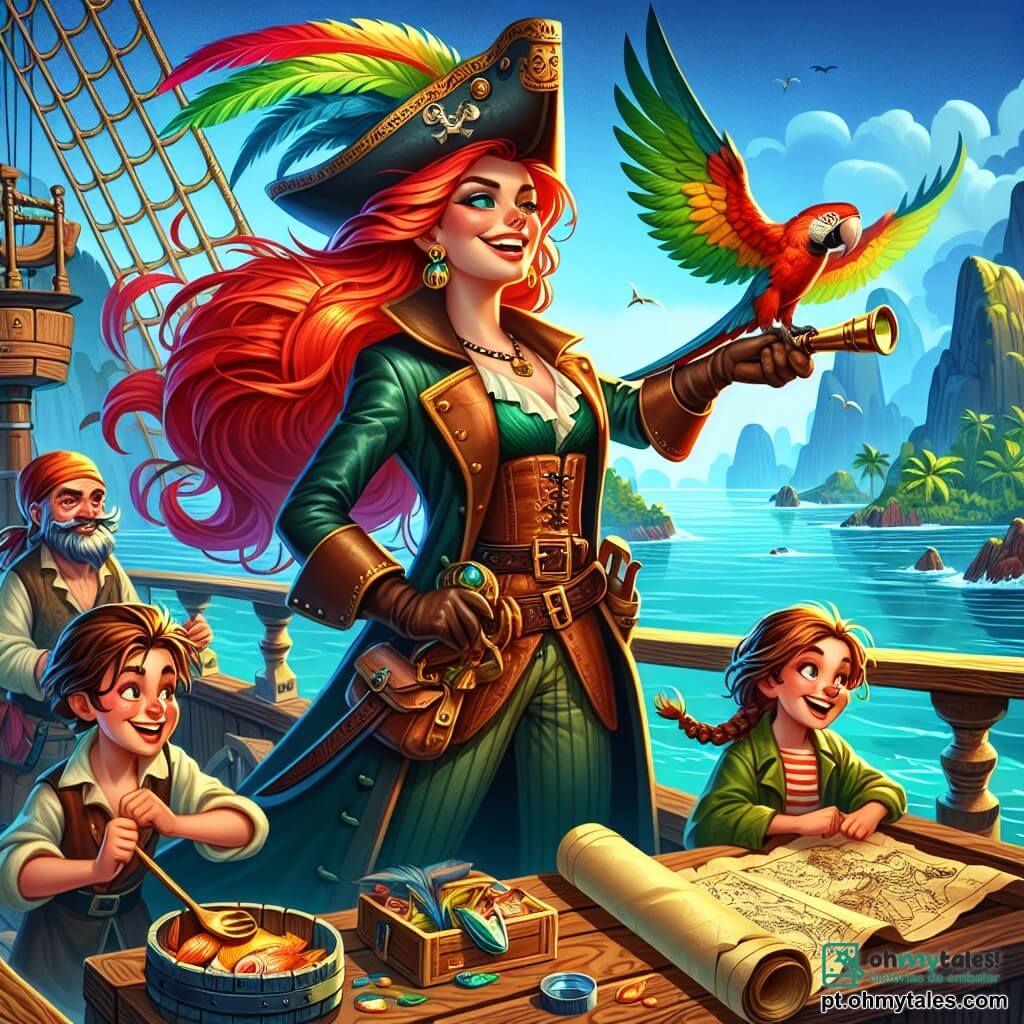 A Capitã Zara, uma mulher de cabelos ruivos brilhantes, se mantém orgulhosamente no convés do navio Ventos Libres, seu rosto radiante de excitação e determinação. Ela usa um chapéu de pirata adornado com penas coloridas e um casaco de couro desgastado, enquanto observa o horizonte com seu velho telescópio dourado. Ao seu lado, o papagaio Serafim, com penas verdes e amarelas vibrantes, bicota um velho pergaminho, adicionando curiosidade à cena. Um pouco mais adiante, o cozinheiro Bartô, um homem jovial de cerca de cinquenta anos com um grande bigode, prepara bolinhos de peixe em uma pequena mesa, rindo enquanto manipula os ingredientes. A grumete Lili, uma garota de dez anos com cabelos castanhos trançados, observa com olhos brilhantes de admiração, pronta para anotar as aventuras que virão. O navio está ancorado em uma baía tranquila, cercada por falésias íngremes e palmeiras verdes, o céu é de um azul radiante, salpicado de nuvens brancas fofas. O mar brilha sob o sol, criando reflexos dourados. A cena principal mostra Zara anunciando a próxima aventura para sua animada equipe, todos ansiosos para partir em busca do misterioso Olho do Leviatã, com sorrisos nos rostos e uma energia palpável no ar.