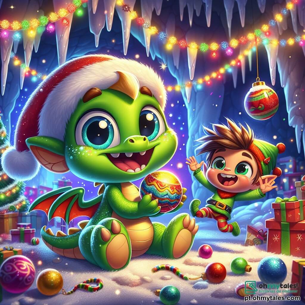 Um pequeno dragão verde chamado Puff, com grandes olhos redondos e escamas brilhantes, sorri alegremente segurando um bonito gonguinho dourado na pata. Ele está cercado por guirlandas cintilantes e decorações de Natal coloridas, com uma expressão de excitação no rosto. Ao lado dele, o Duende Travesso, um pequeno personagem com cabelos desgrenhados e um chapéu vermelho pontudo, salta de alegria, seus olhos brilhando de travessura. Ele segura uma bola de Natal nas mãos, pronto para lançá-la ao ar. A cena se passa em uma caverna mágica, iluminada por luzes multicoloridas que dançam nas paredes, com estalactites cintilantes e um chão coberto de neve macia e fofa. Puff e o Duende Travesso estão decorando a caverna para o Natal, rindo e se divertindo juntos, cercados por decorações espalhadas, criando uma atmosfera festiva e alegre.