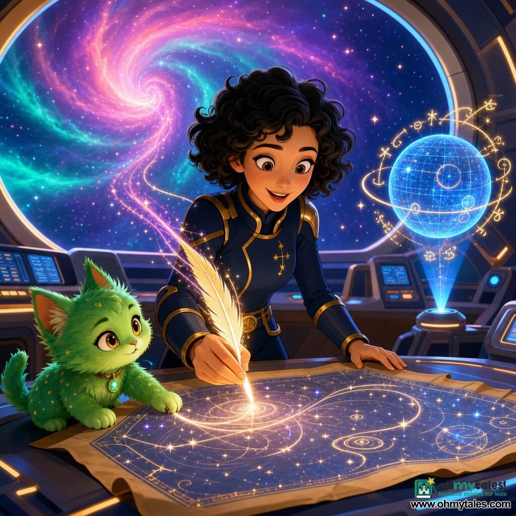 A smiling, awed woman — Captain Elara — with short ebony curls in a midnight-blue spacesuit trimmed in gold holds a glowing magical quill that draws silver lines above a large holographic parchment; a small plush-like Emerald Planet creature the size of a kitten with shiny green fur and amber eyes stands at her feet, paw on the parchment; the ship's AI appears as a translucent blue holographic globe beside Elara projecting golden runes; the scene is the Solaris Dreamer bridge with a curved observation window onto a swirling pink, turquoise and violet nebula, smooth metal panels, backlit consoles and stars, Elara inscribing sparkling symbols on the Great Star Map while the nebula seems to whisper luminous trails toward the quill, magical curious atmosphere, vivid colors, soft lighting, composition centered on the parchment and star window.