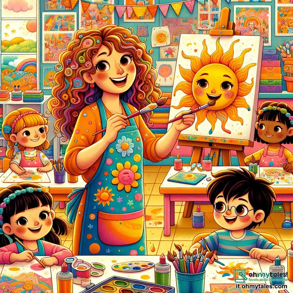 Clara, una donna di circa quarant'anni con lunghi capelli ricci e un sorriso caloroso, si trova al centro di un'aula luminosa, circondata da colori vivaci. Indossa un grembiule macchiato di vernice e tiene un pennello in una mano, mentre con l'altra incoraggia i bambini a creare le loro opere d'arte. Marco, un ragazzo di circa 8 anni con occhiali e capelli castani disordinati, è seduto a un tavolo a sinistra di Clara, concentrato sul suo dipinto di un grande sole sorridente con colori vivaci. Sofia, una bambina di 7 anni con trecce e un vestito rosa, si trova a destra di Clara, con dei pastelli in mano mentre disegna un paesaggio incantevole, il viso illuminato dall'emozione. La scena si svolge in un'aula colorata, con pareti decorate da disegni di bambini e opere d'arte famose. I tavoli sono coperti di materiali artistici: pennelli, vernici, carta e collage, creando un'atmosfera gioiosa e creativa. Clara, piena di entusiasmo, guida i bambini nella loro esplorazione artistica, mentre si immergono nella magia della creazione, esprimendo ciascuno la propria immaginazione attraverso l'arte.