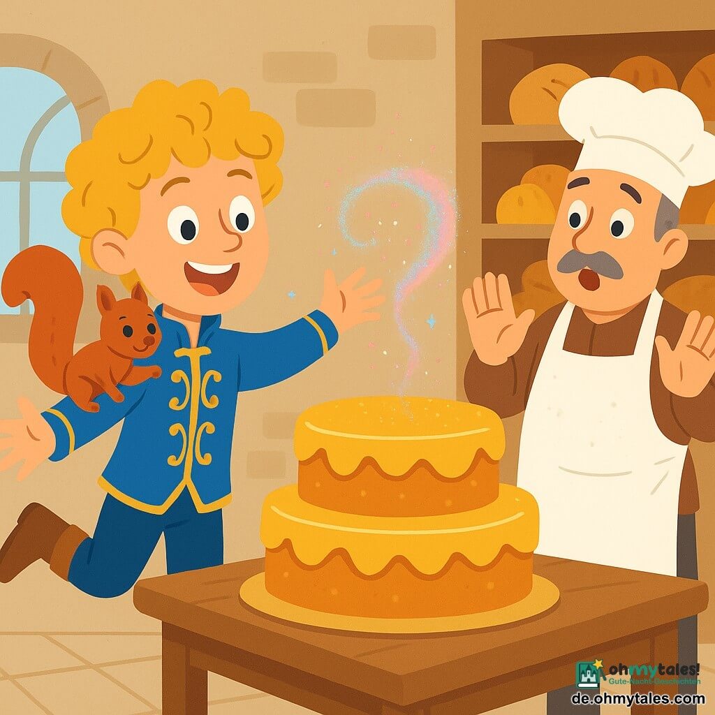 Ein frecher, lächelnder Prinzenjunge mit blonden Locken und blauer Jacke mit Goldeinfassung springt und streckt die Hände zu einer großen goldenen Torte auf einem Holztisch; ein kleiner, rotbrauner, sprechender Eichhörnchenmann mit buschigem Schwanz sitzt auf seiner Schulter und winkt mit der Pfote; ein etwa 50-jähriger Bäcker mit rundem Gesicht, grauem Schnurrbart, weißer Kochmütze und bemehlter Schürze steht hinter dem Tisch, die Hände überrascht und erleichtert erhoben; über der Torte wirbelt ein funkelnder magischer Staubwirbel, rosa und blaue Glitzer fallen; die Szene spielt in einer Palastbäckerei mit hellen Steinwänden, mit Broten gefüllten Holzregalen, großen Bodenfliesen und einem runden Fenster, durch das warmes Morgenlicht fällt; Hauptsituation: das freudige Wiederauftauchen der verschwundenen Torte, Überraschung und Feier, übertriebene Mimik, kräftige Farben, flacher Grafikstil, gesättigte Farben, einfache Formen, klare Konturen, fröhlich-verzauberte Atmosphäre.