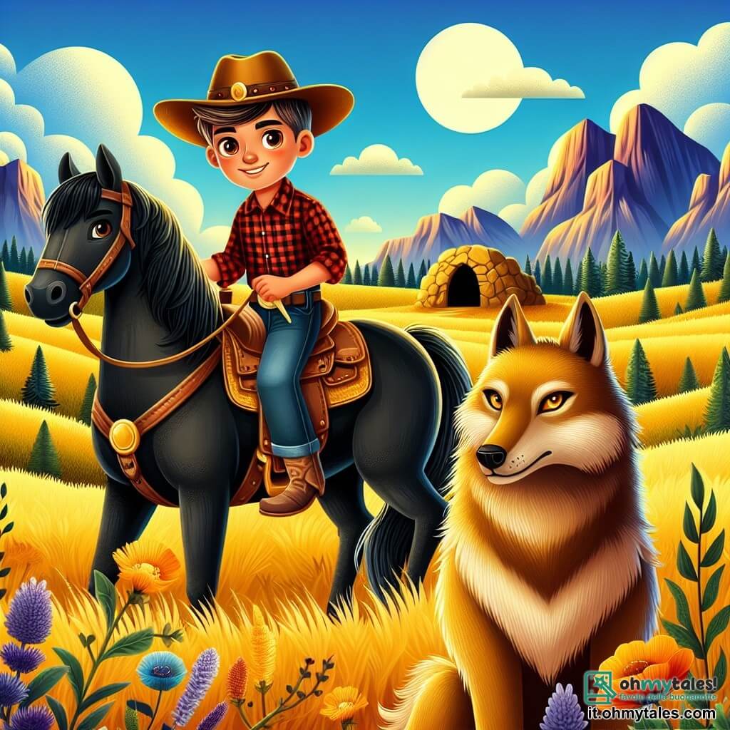 Un giovane cowboy, Jack, di circa 25 anni, è fiero sul suo cavallo nero, Thunder, in mezzo a una prateria dorata. Ha capelli castani disordinati, un grande sorriso e indossa un cappello da cowboy consumato, una camicia a quadri rossa e jeans. Guarda con curiosità verso una caverna misteriosa in lontananza, i suoi occhi brillano di eccitazione. Accanto a lui, un lupo dorato, maestoso e dagli occhi penetranti, si erge sulle zampe posteriori, sembrando incoraggiarlo ad avanzare. Il lupo ha un pelo splendente che brilla sotto il sole al tramonto e guarda Jack con un'espressione amichevole e protettiva. Il paesaggio è una vasta prateria con colline ondulate, fiori selvatici colorati e un cielo blu punteggiato di nuvole bianche. Sullo sfondo si vedono montagne maestose contro l'orizzonte. La scena principale mostra Jack pronto a esplorare la caverna misteriosa, con una vecchia mappa in mano, mentre il lupo dorato lo incoraggia a scoprire il tesoro nascosto. L'atmosfera è carica di avventura e magia, illuminata dalla luce dorata del sole al tramonto.