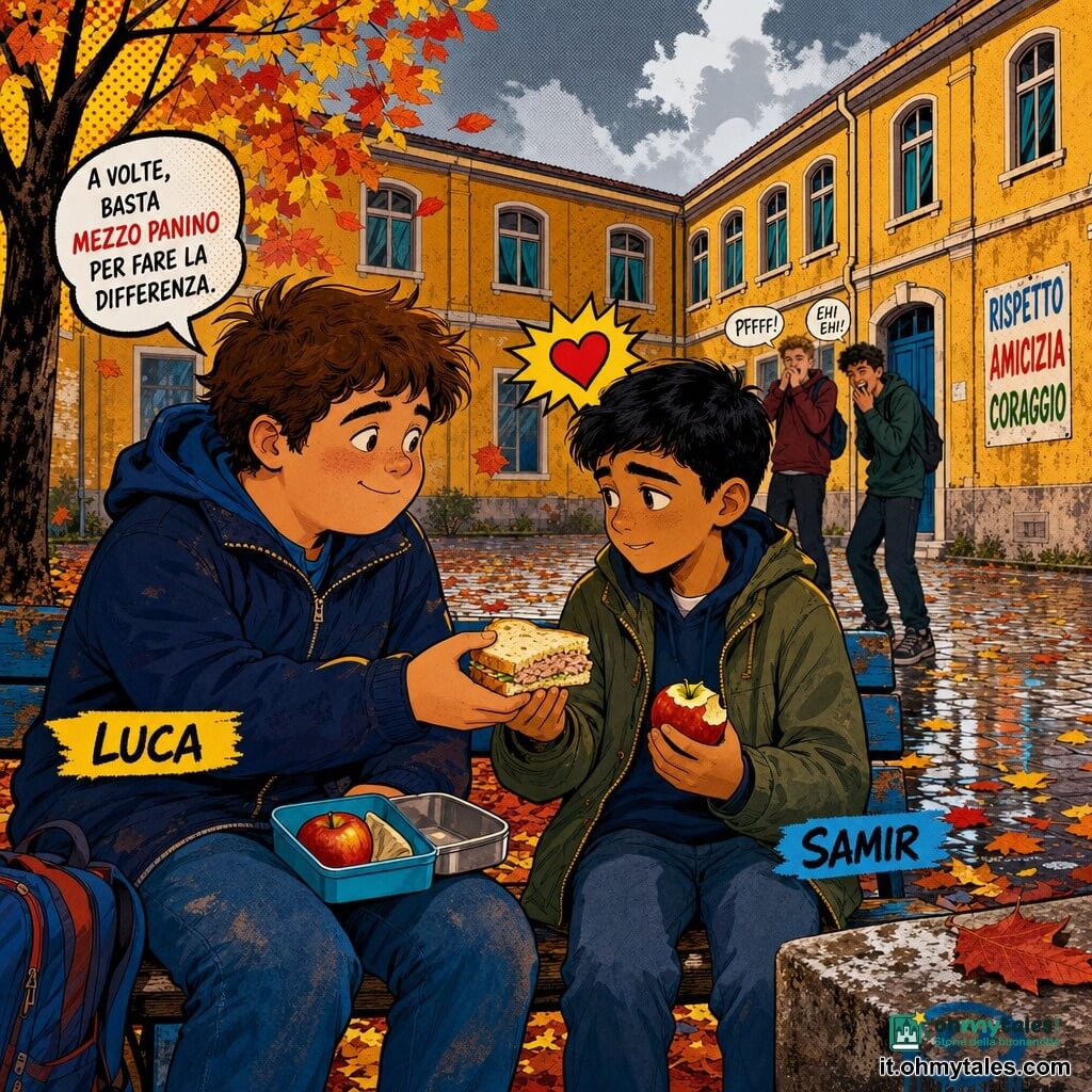 Il protagonista è un ragazzo di 11–12 anni, Luca, volto tondo, capelli castani spettinati, espressione benevola e determinata, con giacca blu scuro, che offre metà di un panino al tonno con un sorriso sincero seduto su una panchina di legno; il secondario è un ragazzo più magro, Samir, pelle olivastra, capelli neri corti, sguardo timido ma sollevato, che accetta il panino stringendo una mela nell’altra mano; sullo sfondo due adolescenti derisori, sagome leggermente sfocate vicino a un muretto; ambientazione: cortile scolastico d’autunno con pavé bagnato, foglie gialle e rosse, panchina consumata, edifici color ocra e finestre con tende, cielo grigio chiaro; scena: gesto semplice di solidarietà durante la ricreazione, contrasto tra il calore degli atti e la freddezza del paesaggio autunnale, luce morbida, colori vivaci e contorni netti in stile pop art.