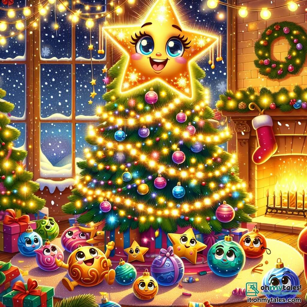 Una bella stella di Natale chiamata Stella brilla in cima a un maestoso albero di Natale, illuminata da mille luci, con occhi scintillanti di gioia e un sorriso radioso. È circondata da delicate luci scintillanti e da ghirlande colorate. Intorno all'albero, palline di Natale colorate, come piccole creature gioiose, rotolano e si agitano. Una pallina dorata, con un volto sorridente, sembra ridere mentre cerca di rimettersi in carreggiata, mentre una pallina rossa, con occhi spalancati, guarda Stella con ammirazione. Il decor è un accogliente salotto natalizio, con fiocchi di neve che cadono dolcemente all'esterno delle finestre, e un camino scoppiettante che diffonde una dolce luce dorata. Regali splendidamente confezionati sono disposti intorno all'albero, aggiungendo all'atmosfera festiva. La scena principale mostra Stella e le palline di Natale in piena azione, cercando di riunirsi dopo essere state disperse da un colpo di vento, creando un'immagine dinamica e piena di vita, ricca di magia e spirito natalizio.