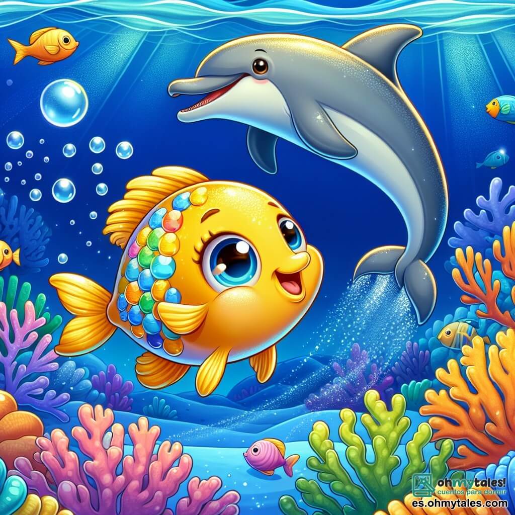 Ilustración de un pequeño pez amarillo brillante, con escamas que brillan como estrellas, nadando alegremente en un océano azul profundo. Sus ojos son grandes y curiosos, expresando asombro mientras explora su entorno. Cerca, un delfín juguetón, con piel suave y gris, salta graciosamente fuera del agua, mostrando una sonrisa traviesa y alegría, animando al pequeño pez en su aventura. El lugar principal es un hermoso arrecife de coral, lleno de corales coloridos y algas que se mecen suavemente con las olas. La situación principal muestra al pequeño pez, decidido, dirigiéndose a la lejana Isla de la Sabiduría, con burbujas de aire a su alrededor, simbolizando su viaje hacia el descubrimiento. Elementos gráficos incluyen rayos de sol filtrándose a través del agua, creando patrones luminosos en el fondo marino, y estrellas de mar esparcidas, añadiendo un toque de magia a esta escena submarina.