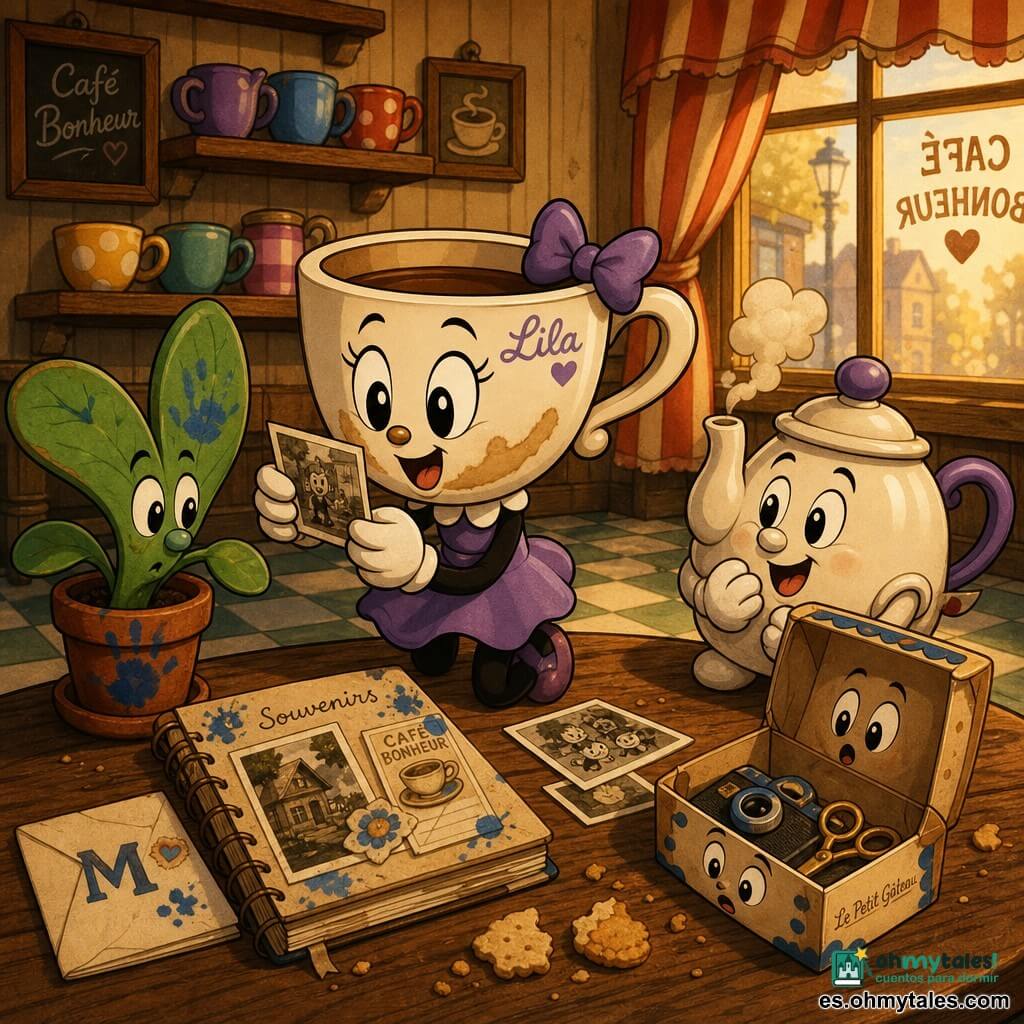 La taza de porcelana antropomorfa Lila, rostro brillante y mancha de café en forma de sonrisa, con expresión decidida y alegre, sostiene con delicadeza una foto doblada entre su asa y su "mano"; a la derecha, una pequeña tetera burbujeante, ojos redondos y vapor en nube, la mira aliviada; en el suelo, un paquete de pastelería abierto, la caja sorprendida inclinada hacia Lila, deja ver una cámara-juguete y tijeras de punta redondeada; a la izquierda, una planta en maceta de hojas anchas muestra una mancha de pintura azul y observa con curiosidad; sobre la mesa, un pequeño cuaderno de recortes con manchas de acuarela azul y collages, un sobre con sello marcado "M", fotos dispersas y migas de galleta; ambiente: café acogedor de paredes de madera clara, estantes con tazas coloridas, gran ventana con cortina a rayas que filtra luz dorada, suelo de baldosa y pizarra de menú; escena de descubrimiento alegre y resolución de misterio, colores cálidos, formas redondeadas y contraste entre la porcelana lisa y el papel arrugado.