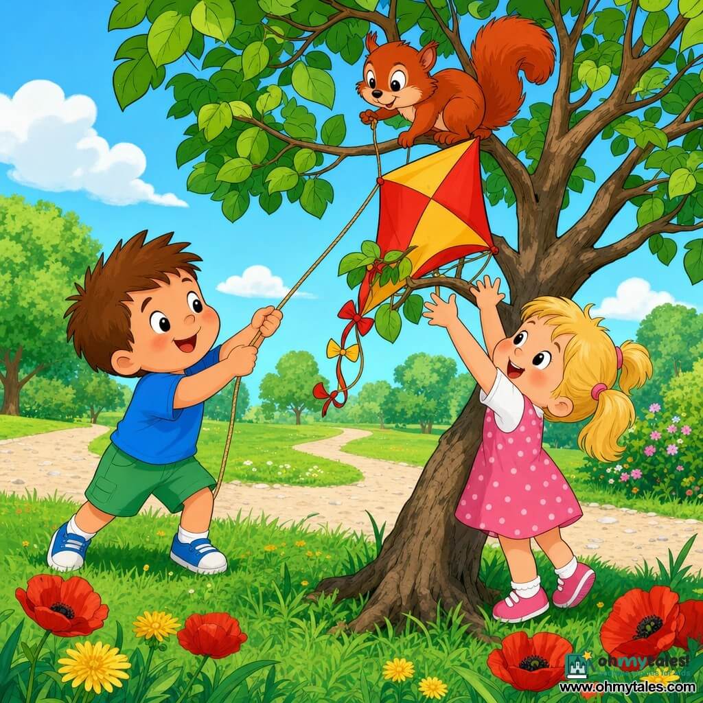 A 2-year-old girl with a round face, rosy cheeks, blond pigtails, large curious eyes and a mischievous smile reaches with both hands toward a red-and-yellow kite stuck in a low tree; Tom, about 3, with short brown hair, a blue T-shirt and green shorts, stands to the left smiling and gently pulls a small rope to free the kite; a reddish squirrel with bright black eyes and a bushy tail hangs on a branch above, holding a tiny string and looking down conspiratorially; setting: a colorful park with vivid green grass, yellow flowers and red poppies, a large rough-trunked tree with round leaves, a pale blue sky and a light gravel path in the background; mood: joyful, tender and playful cooperation.