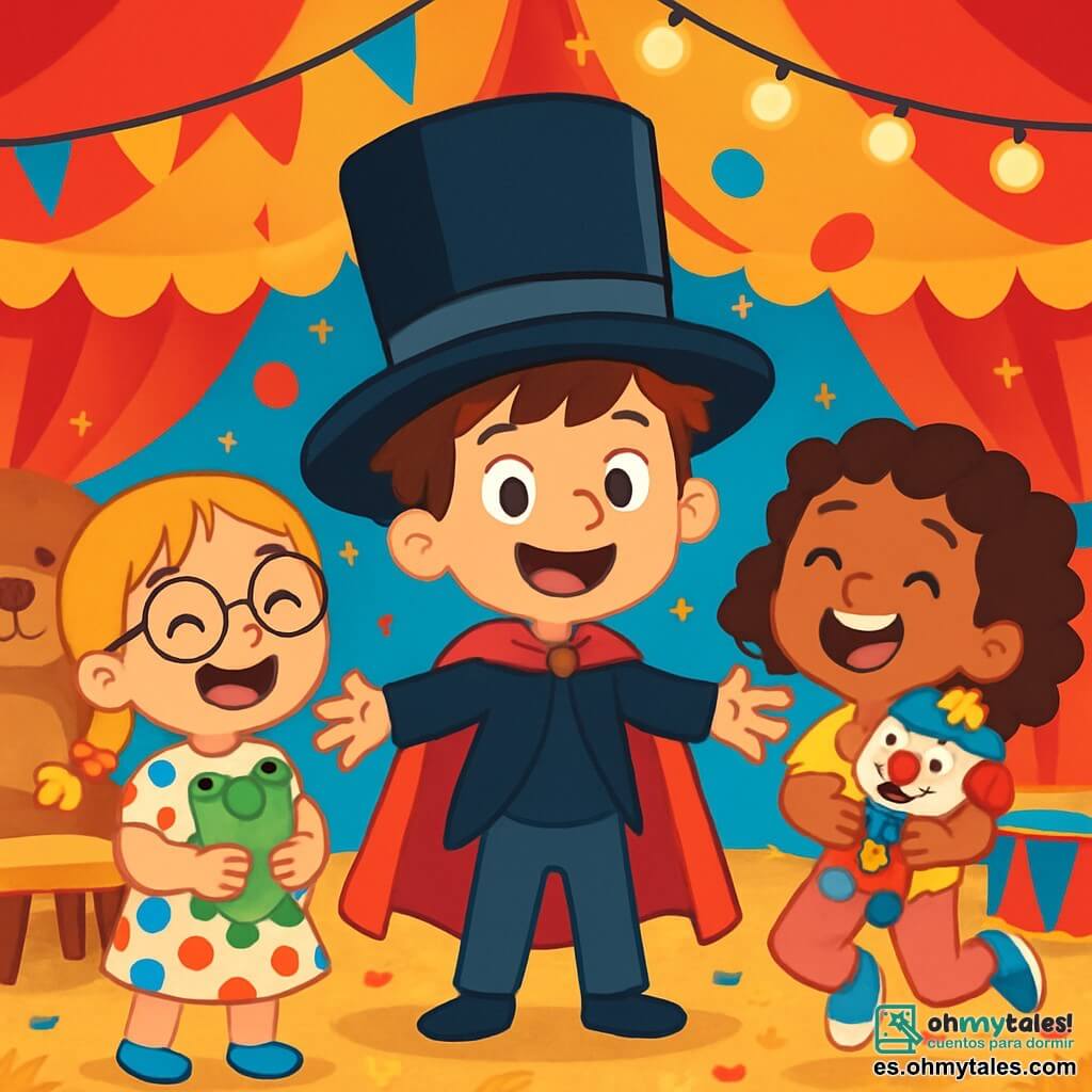 Hay 3 personajes: - Lucas: un niño de 6 años, con cabello castaño desordenado y una gran sonrisa. Lleva un gran sombrero de mago negro y una capa roja. Está en el centro, con los brazos abiertos, listo para ayudar. - Martina: una niña de 6 años, con trenzas rubias y gafas redondas. Tiene una pequeña rana de peluche en brazos y lleva un vestido de lunares de colores. Está ligeramente a la izquierda de Lucas, riendo. - Sofía: una niña de 6 años, con cabello rizado y un payaso de peluche en las manos. Lleva una camiseta amarilla y pantalones rosas. Está a la derecha de Lucas, saltando de alegría con una gran sonrisa. El lugar es bajo un gran carpa de circo, con colores vivos de rojo y amarillo. Banderas ondean al viento y luces brillan a su alrededor. El suelo está cubierto de paja y confeti de colores, y se pueden ver gigantes peluches de animales y accesorios de circo como sillas y tambores. La situación principal muestra a los tres amigos divirtiéndose juntos, buscando objetos perdidos en el circo. Ríen y saltan, rodeados de pelotas de malabarismo que vuelan por el aire, mientras risas resuenan a su alrededor.