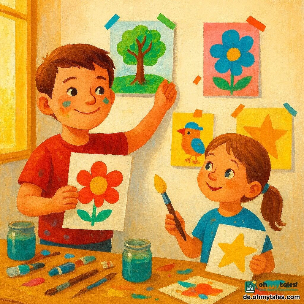 Ein Junge, Max, etwa 9 Jahre, rundes Gesicht mit Farbflecken, lächelt selbstbewusst und hält eine bunte Zeichnung, während er ein Blatt an eine weiße Wand klebt; daneben die etwa 6‑jährige Emma mit Zöpfen und leuchtenden Augen, bewundernd und einen Pinsel mit noch nassem gelben Stern haltend. Im kleinen Atelier goldenes Licht von einem großen Fenster, heller Holzboden und ein Tisch mit Farb­tuben, Wassergefäßen und Pinseln; an der Wand mit buntem Klebeband befestigte Bilder: ein gedrehter grüner Baum, ein Vogel mit Hut, eine große blaue Blume und ein leuchtender Stern. Warme, gesättigte Farben, sichtbare Acryltextur, dicke Pinselstriche und fröhliche Spritzer; Komposition zentriert auf die Kinder mit Nahaufnahmen ihrer Hände und der Zeichnungen, sanfte stolze Stimmung.