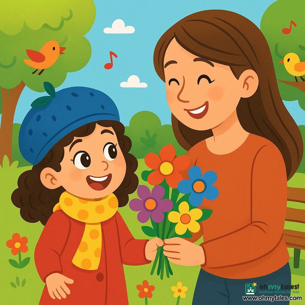 A 6-year-old girl named Maya, with curly hair and sparkling eyes, wears a blueberry-shaped blue hat and a polka-dot scarf. She smiles enthusiastically while holding a bouquet of colorful paper flowers. Next to her is her mother, a woman in her thirties with long brown hair and a warm smile, looking at her daughter with affection. They are in a sunny park surrounded by vibrant green trees and a small wooden bench. The scene shows Maya proudly presenting her bouquet to her mother, with singing birds and scattered flowers around them, creating a joyful and festive atmosphere for Mother's Day.