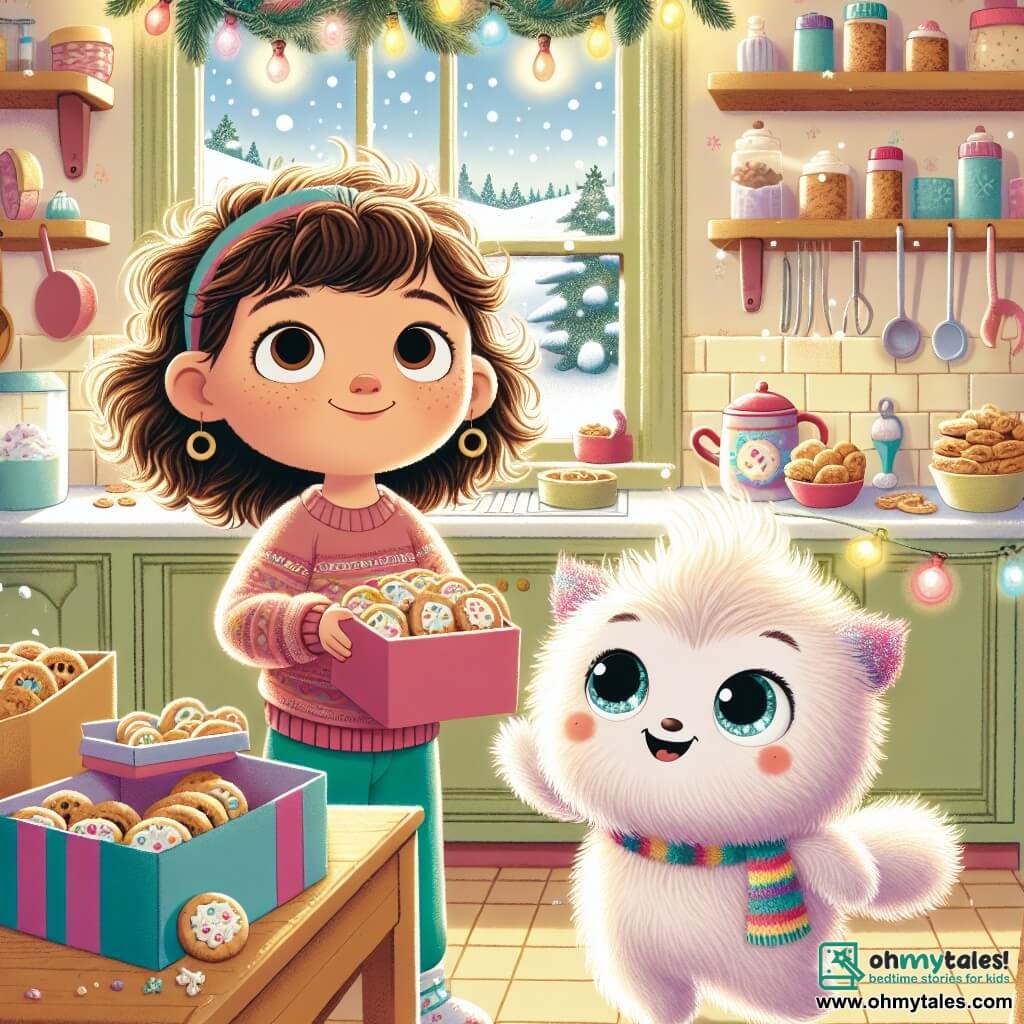 Mia, a little girl with curly brown hair and a big amazed smile, is standing in her cozy kitchen, surrounded by cookie boxes decorated with pretty ribbons. Next to her, a Flufflebop, a soft and fluffy creature with bright eyes and pastel fur, jumps for joy while holding a box of cookies, sharing the excitement of Christmas. The kitchen is filled with twinkling lights, colorful garlands, and a window overlooking a snowy landscape, where snowflakes gently fall. The scene shows Mia and the Flufflebop preparing cookie boxes for the neighbors, illustrating the magic and joy of sharing during the holidays.