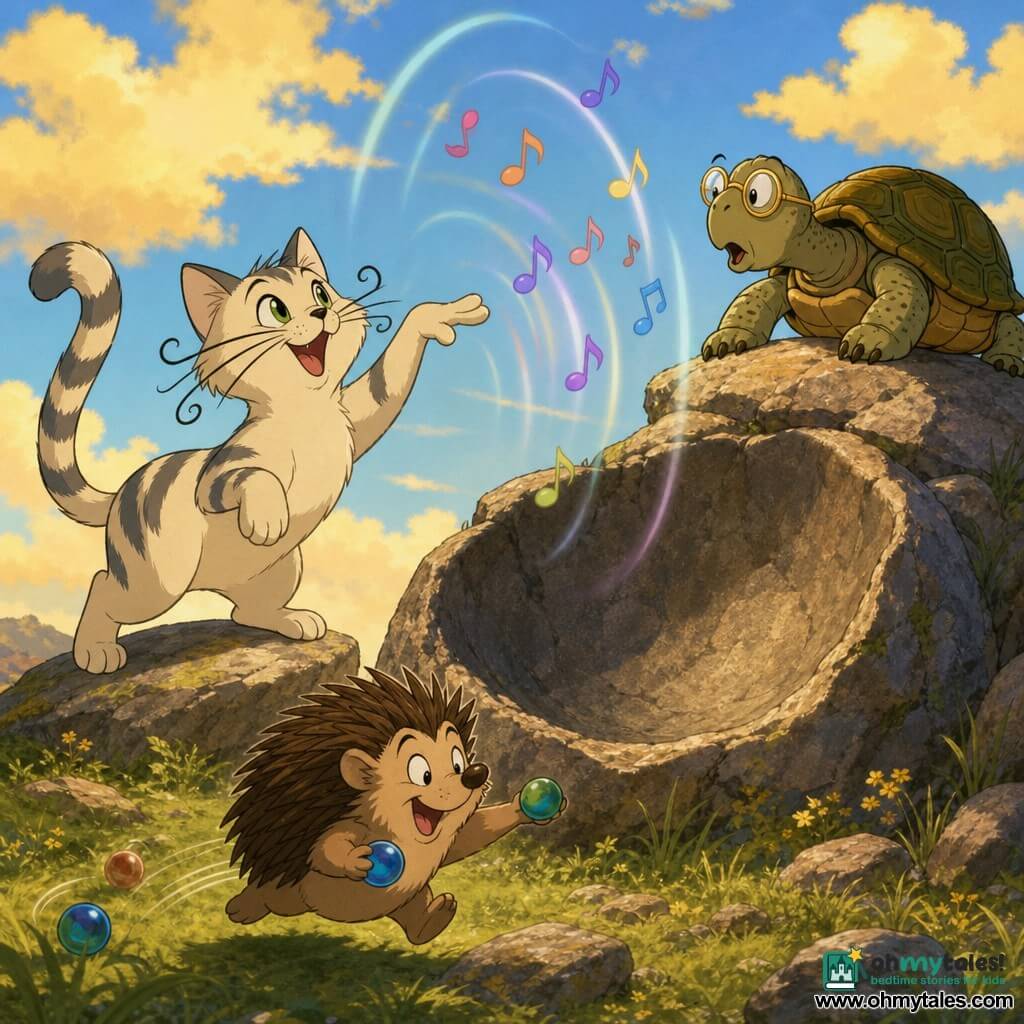 The main character is Mittens, an enthusiastic cream cat with gray stripes, question-mark whiskers and sparkling green eyes, perched on a flat stone with a raised paw like a conductor as he meows a funny line; a wise Sage Tortoise with a brown-green textured shell and gold round glasses sits on a higher rock, leaning forward after a surprising remark; Prickle the small hedgehog with brown quills holds shiny marbles and rolls laughing near the cat's paws. They are in a grassy clearing atop a small hill of round stones around a cup-shaped rocky hollow that echoes, with tall grass, wildflowers and a sparkling stream in the background; during an echo contest the animals burst into laughter as the echo appears as translucent waves and colorful musical notes bouncing back under golden late-afternoon light.