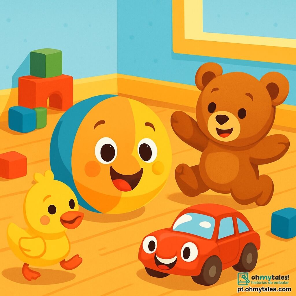 Uma bola redonda e alegre, com um grande sorriso e olhos brilhantes, rola no chão de madeira, cercada por brinquedos. Ao lado dela, um pato de plástico amarelo, com bochechas rosas e uma expressão curiosa, faz 'quá quá' enquanto pula em suas patinhas. Um carrinho vermelho, brilhante e rápido, ziguezagueia ao redor deles, com faróis piscando e uma expressão animada. Um urso de pelúcia macio, com pelagem marrom e braços abertos, tenta pegar a bola rindo. A cena acontece em um quarto infantil colorido, cheio de brinquedos espalhados, almofadas fofas e paredes pintadas de azul céu. No centro, os amigos se divertem procurando o brinquedo mais escondido do cômodo, com risadas e sorrisos radiantes, criando uma atmosfera alegre e lúdica.