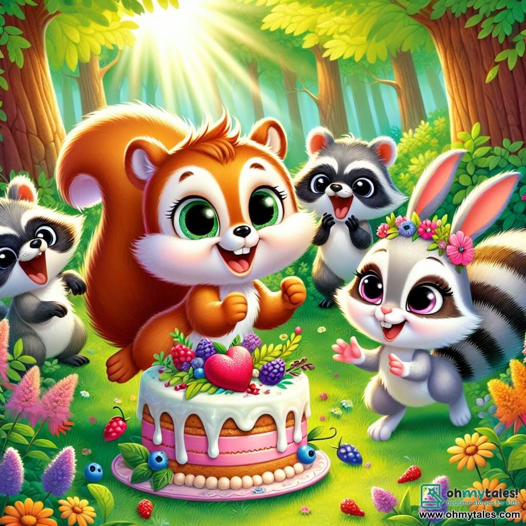 In a colorful forest, a little squirrel named Sammy, with soft brown fur and a bushy tail, jumps for joy, his eyes sparkling with excitement as he holds a heart-shaped cake decorated with wildflowers and berries. Beside him, a small white bunny named Bella, with big sparkling eyes and long ears, smiles in wonder, her paws raised as if ready to clap. A group of mischievous raccoons, with their gray fur and black masks, stands a little back, laughing and curiously looking at the cake, their eyes gleaming with mischief. The scene takes place in a sunny clearing surrounded by majestic trees with vibrant green leaves, with colorful flowers dancing in the wind, creating a joyful and festive atmosphere. Sammy and his friends celebrate Valentine's Day by surprising Bella with a cake, filled with joy and friendship, while the sun's rays illuminate their special moment.