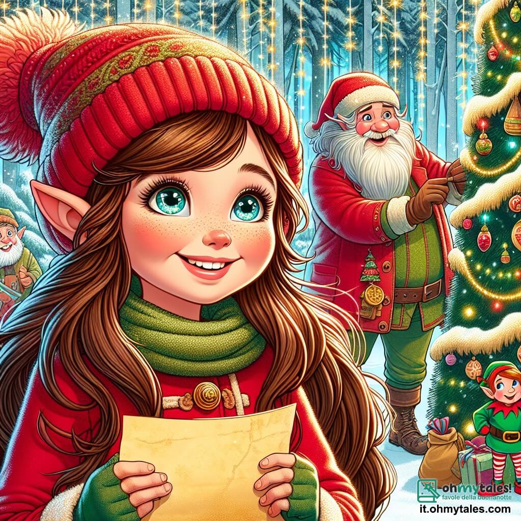 Al centro dell'immagine, una ragazza di 9 anni, Sofia, con lunghi capelli castani e occhi brillanti come stelle, sorride con meraviglia. Indossa un cappotto rosso vivo e un berretto di lana, tenendo in mano una lettera di carta ingiallita, in piedi davanti a un grande albero di Natale decorato con ghirlande scintillanti e palline colorate. Alla sua destra, un elfo di nome Tonty, di circa 100 anni ma con l'aspetto di un ragazzo giovane, ha orecchie a punta e un sorriso malizioso. Indossa un costume verde con campanellini e aiuta Sofia a appendere decorazioni sull'albero. A sinistra, Babbo Natale, un uomo corpulento con una lunga barba bianca, indossa un cappotto rosso e ha un sacco pieno di regali. Sorride calorosamente a Sofia, pronto ad aiutarla nella sua missione. Il luogo è una foresta incantata, coperta da uno spesso manto di neve, con fiocchi che cadono dolcemente dal cielo stellato. Luci scintillanti illuminano l'ambiente, creando un'atmosfera magica e festiva. La situazione principale mostra Sofia, piena di entusiasmo, mentre consegna la lettera a Babbo Natale, mentre Tonty la incoraggia e l'albero di Natale brilla di mille luci intorno a loro, simboleggiando lo spirito del Natale e la magia della generosità.